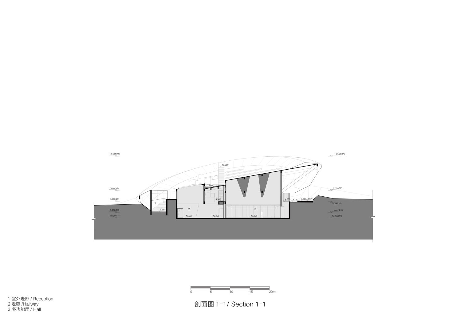 Section drawing showing the recessed lower level beneath the angled roof structure above grade