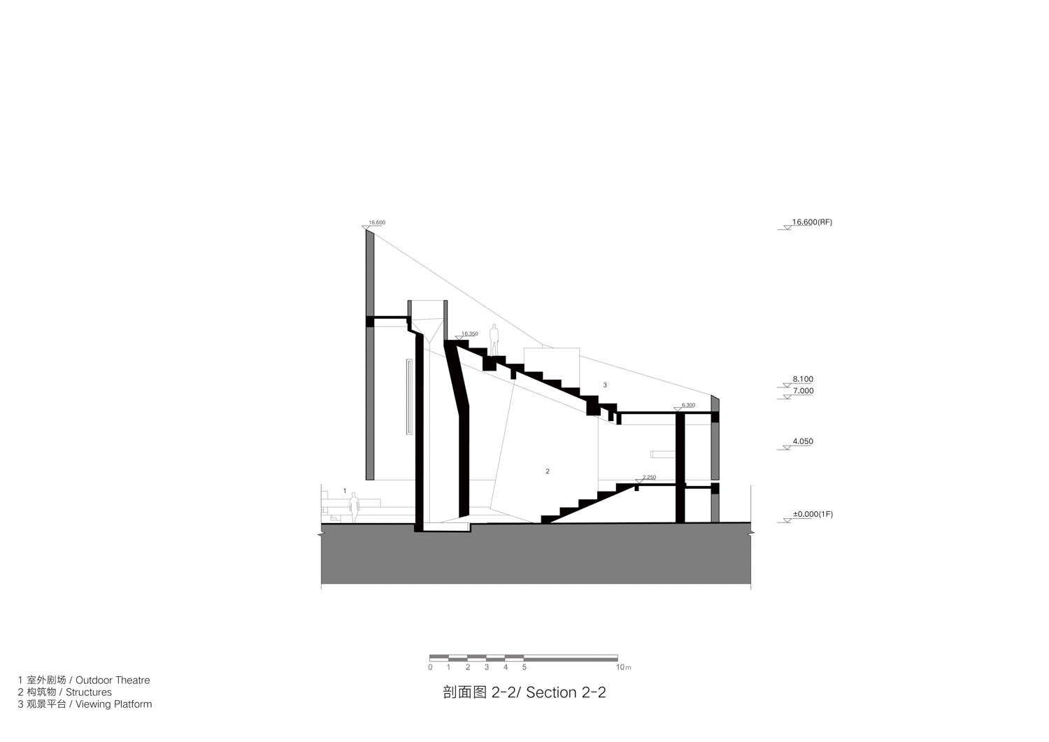 Section drawing showing the angled staircase descending beneath the tall sloped roof volume