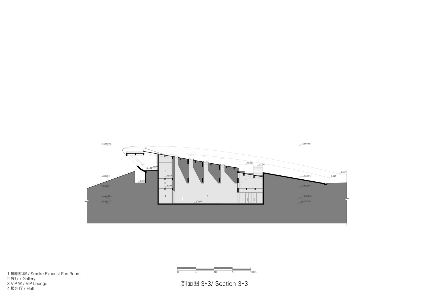 Section drawing showing angled structural elements beneath a sloping roof with gallery and VIP lounge spaces