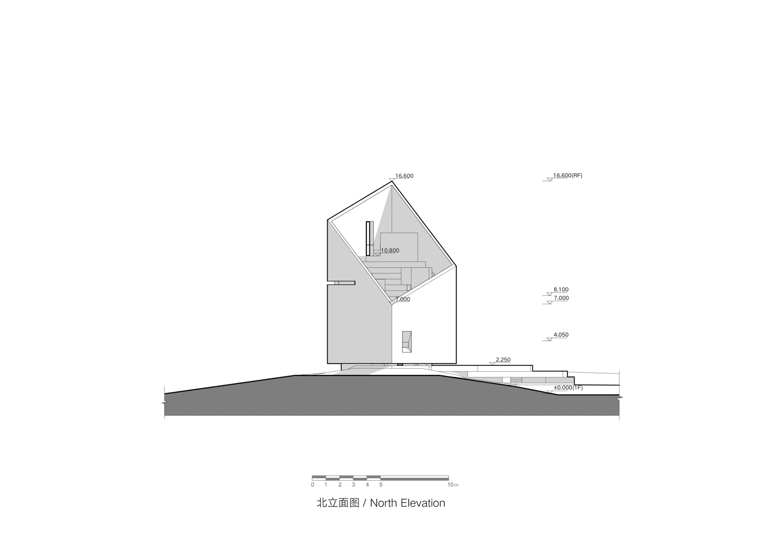 North elevation drawing of the angular gabled form with clerestory window and stepped base