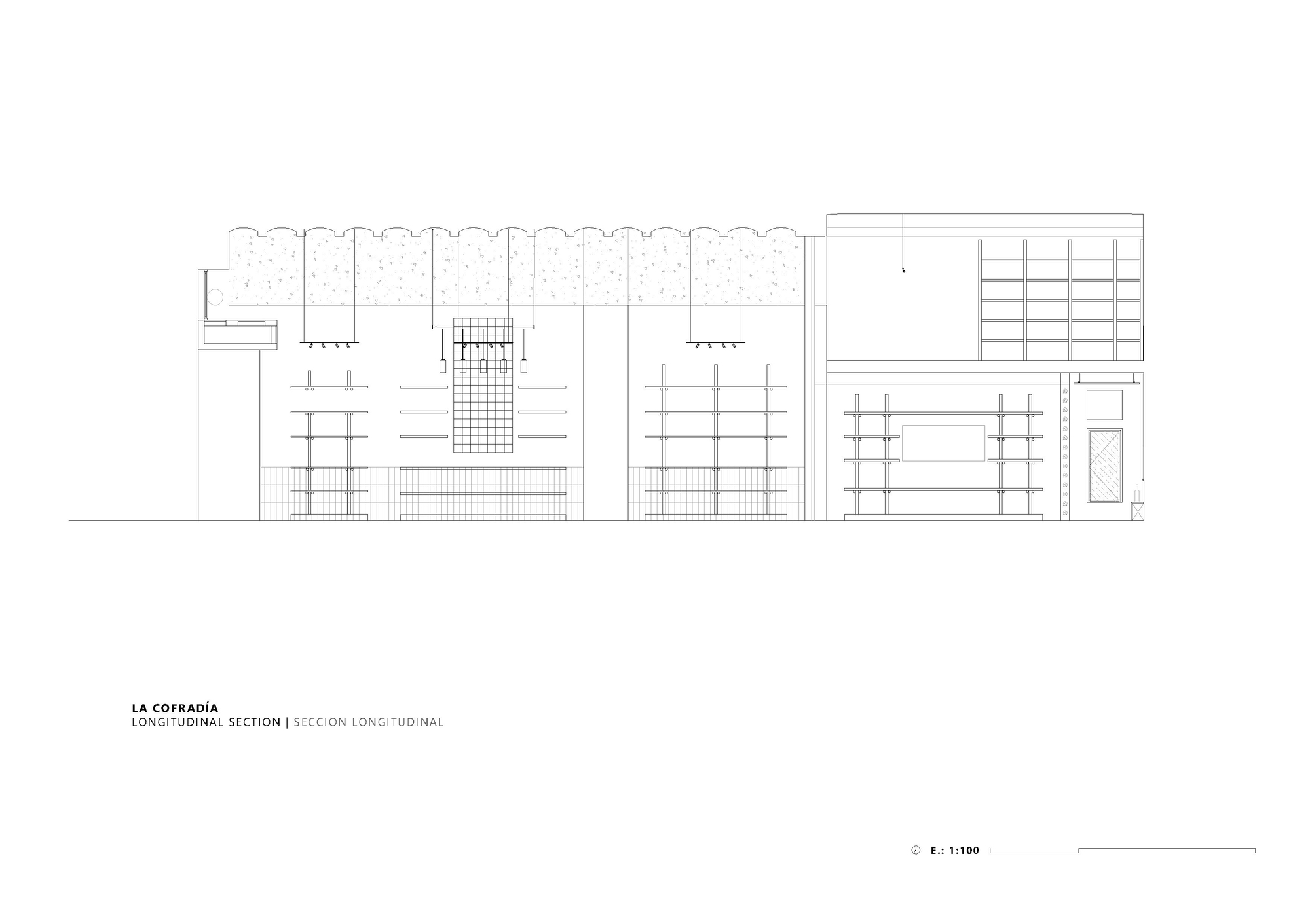 Longitudinal section drawing revealing shelving, staircase, and structural grid across multiple interior spaces