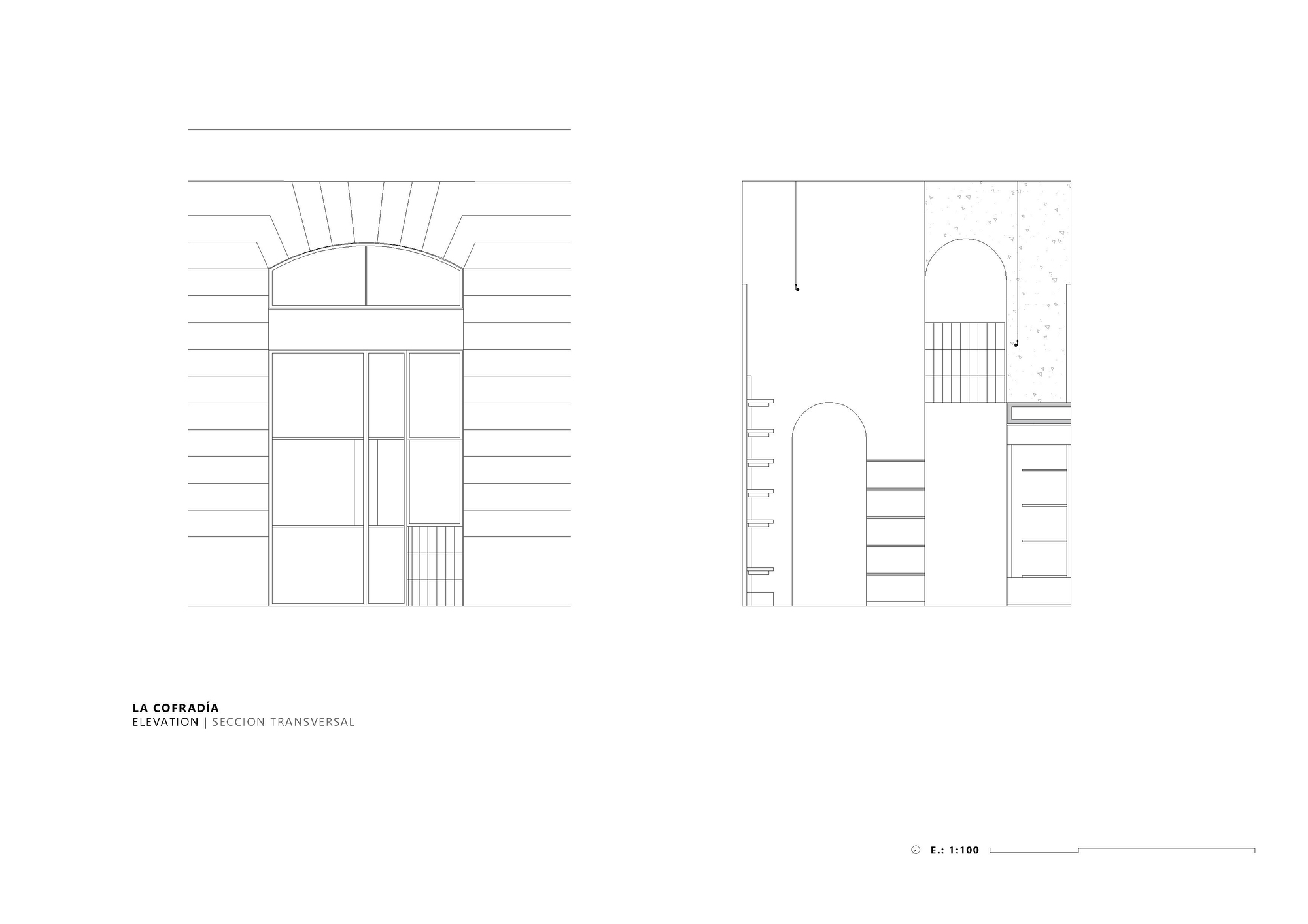 Elevation and transverse section drawings showing arched window with fanlight and staircase volumes within