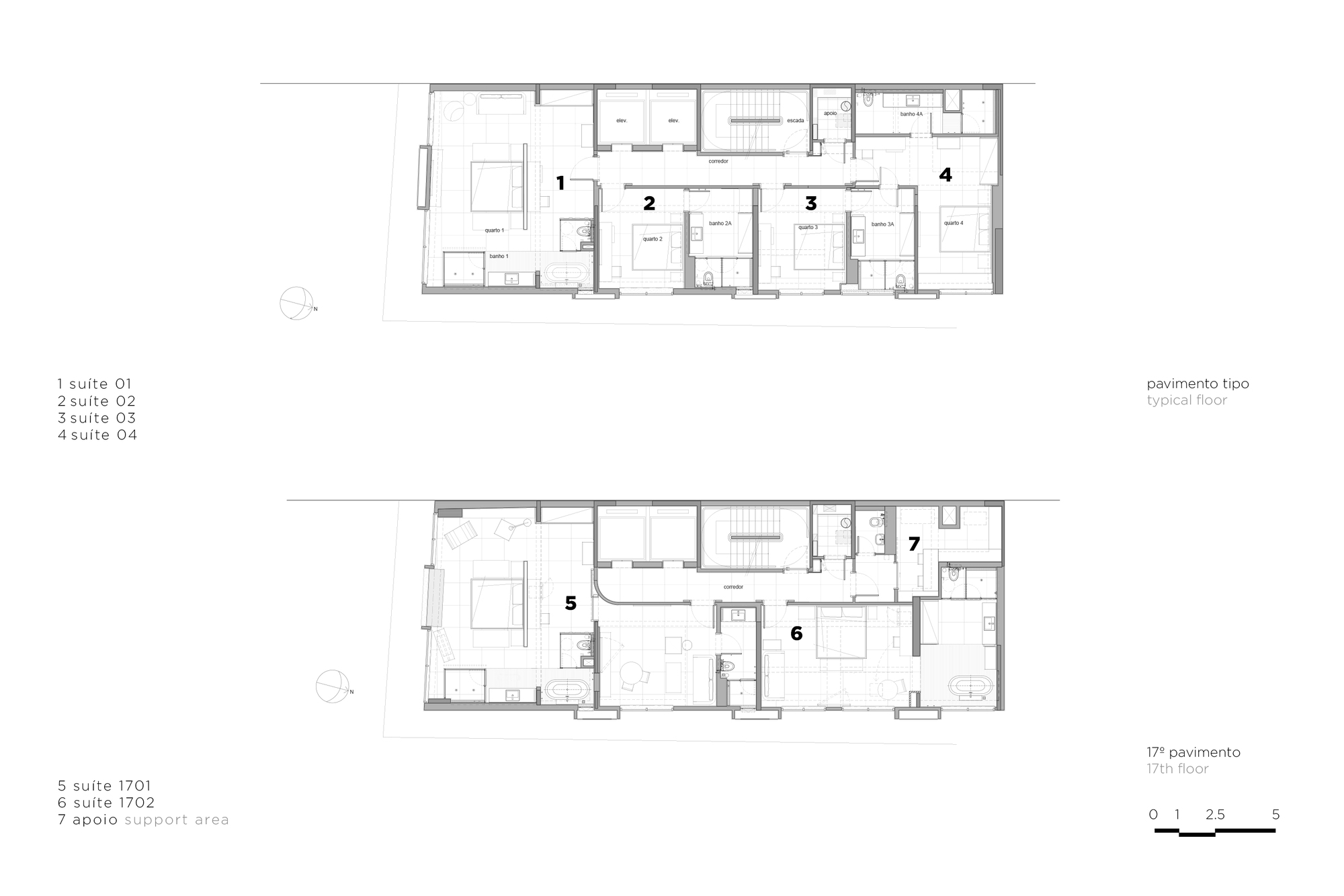 Floor plan drawings showing typical floor with multiple suites and seventeenth floor with two suites