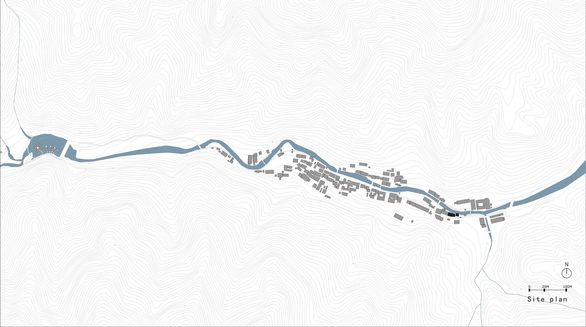 Site plan drawing with topographic contour lines showing the building footprint along a curving road