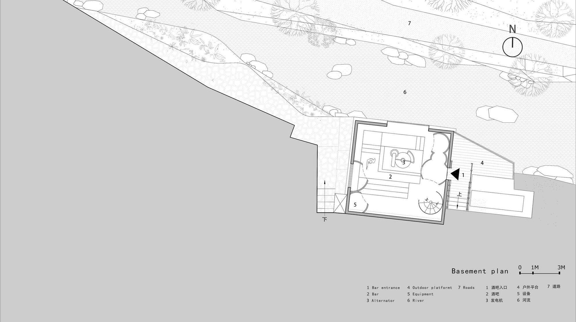 Basement plan drawing showing rooms and a staircase adjacent to sloped terrain