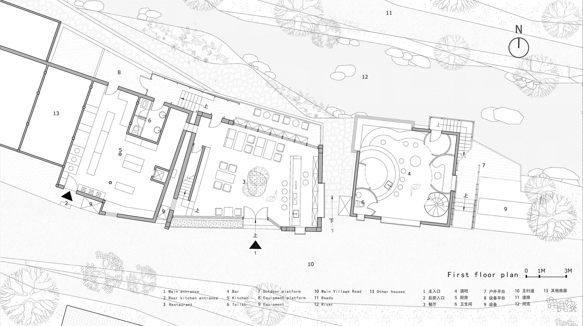 First floor plan drawing showing the dining area and curved courtyard with trees