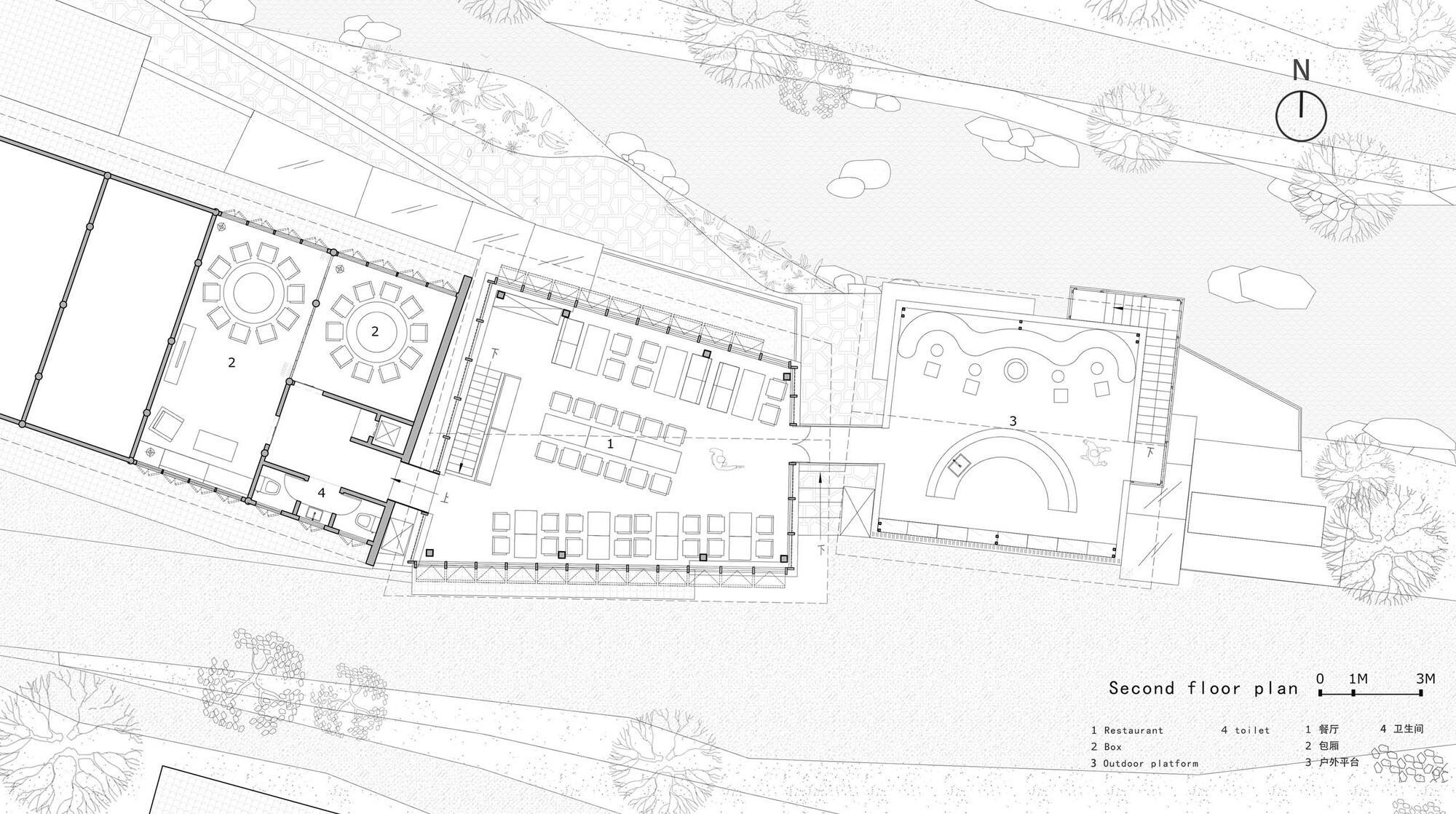 Second floor plan drawing showing dining areas, service spaces, and an arched performance or gathering hall