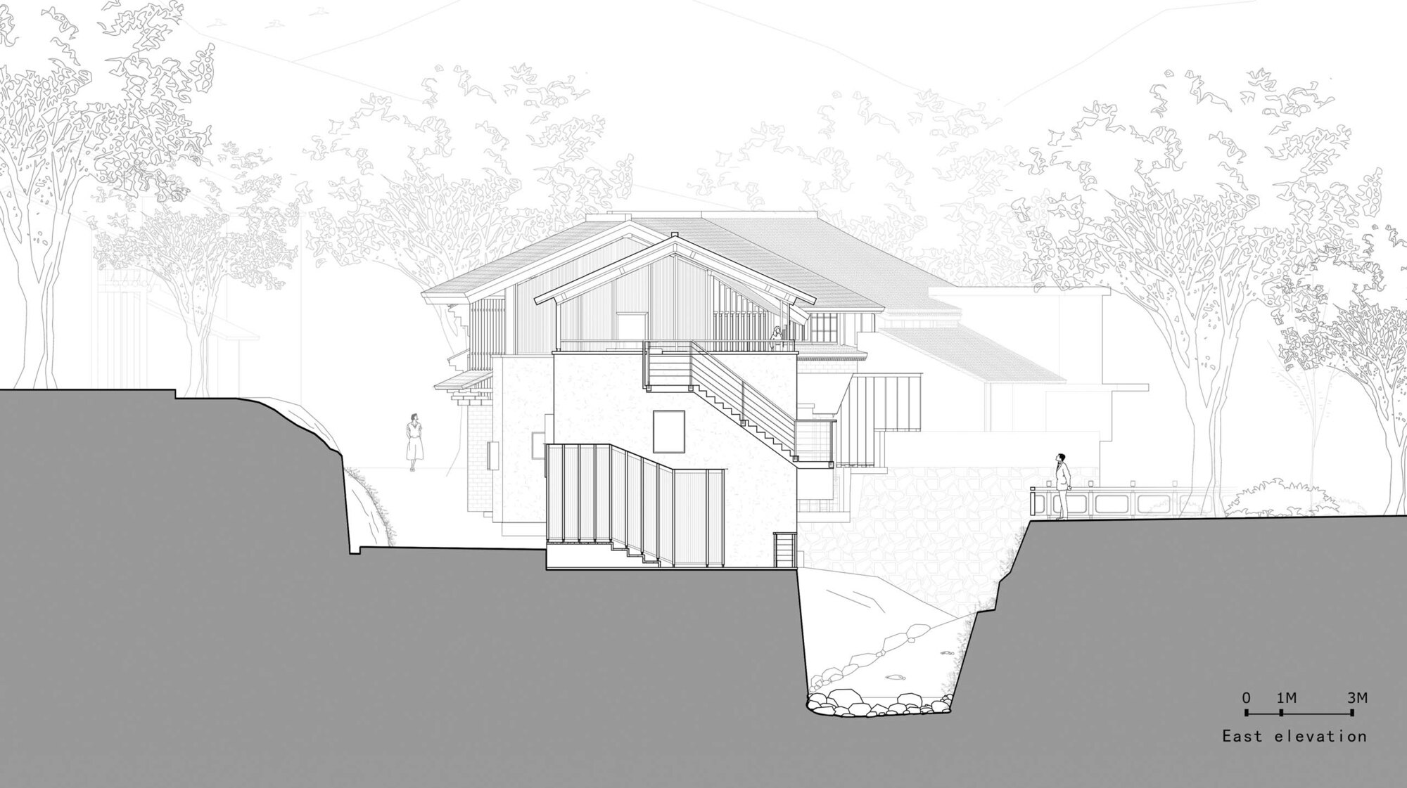 East elevation drawing showing tiered gabled volumes stepping down a sloped site with surrounding trees
