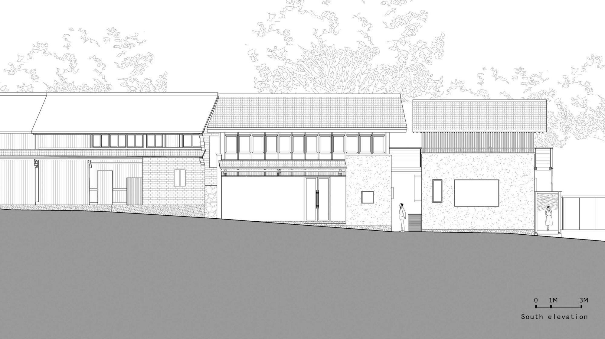 South elevation drawing showing textured masonry walls, vertical slat screens, and gabled roof forms with figures for scale