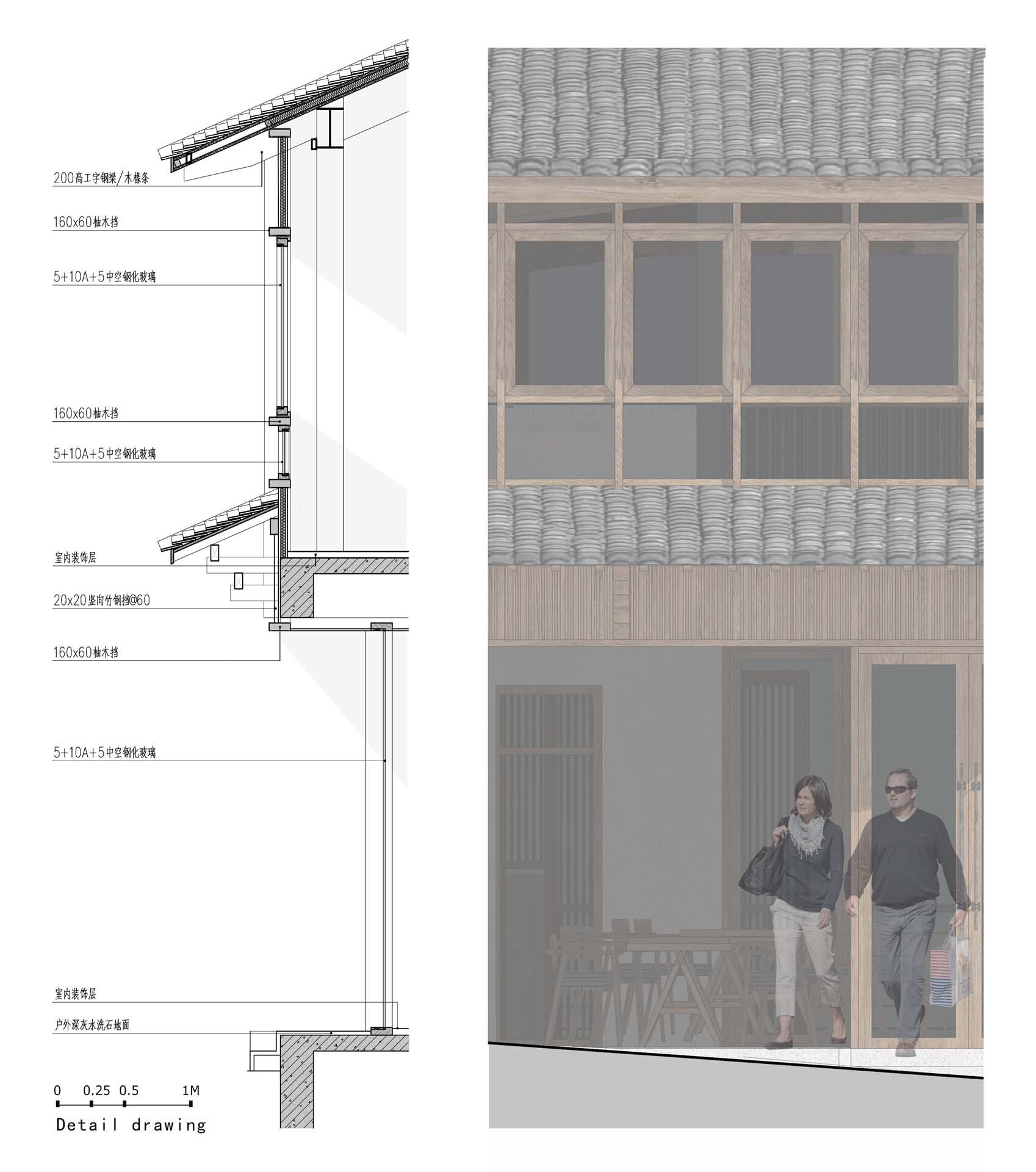 Detail section drawing with rendering of timber-framed facade showing tiled roof and two people inside ground floor