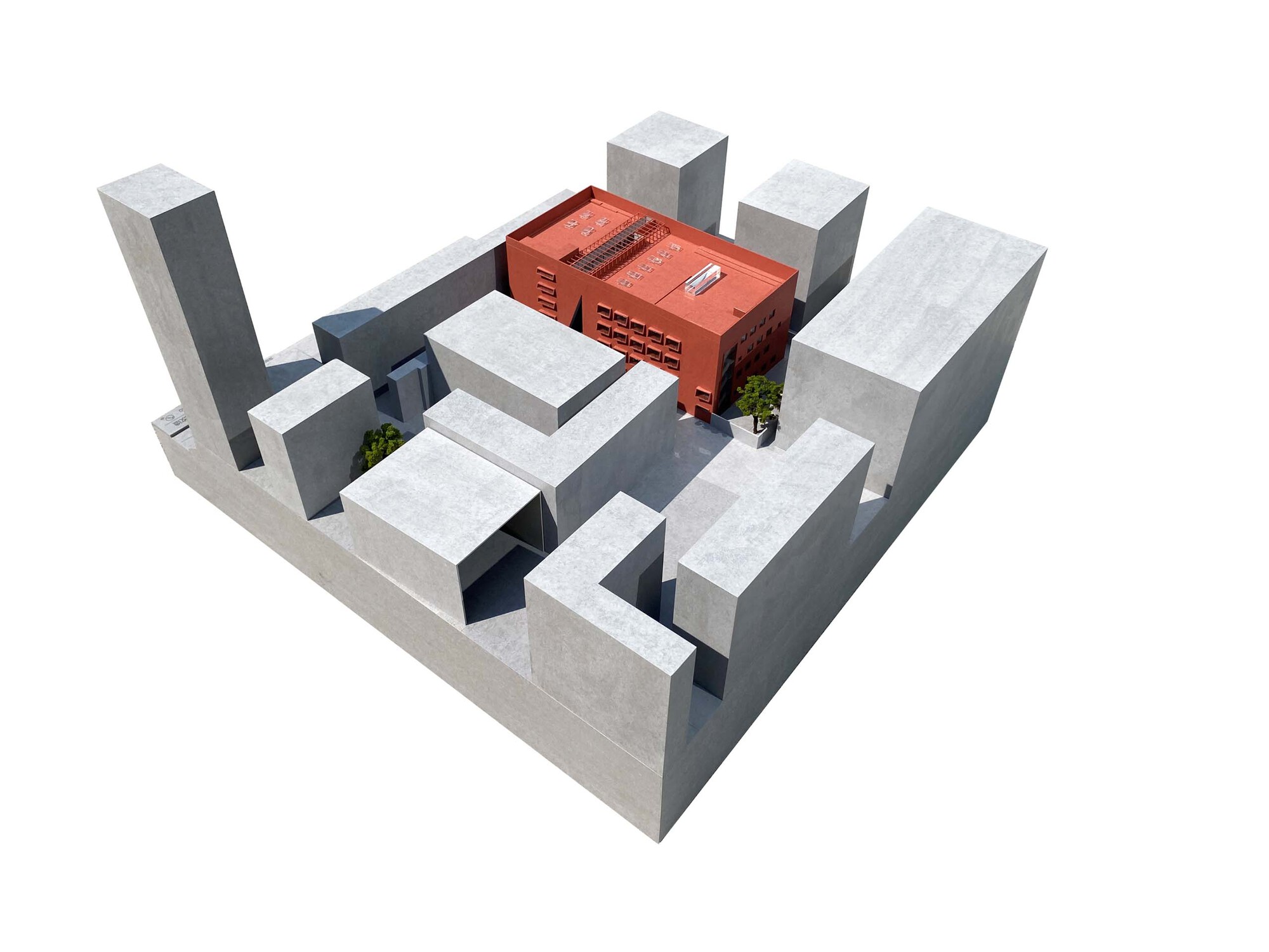 Axonometric drawing showing a red-orange volume surrounded by grey urban blocks with trees and street access