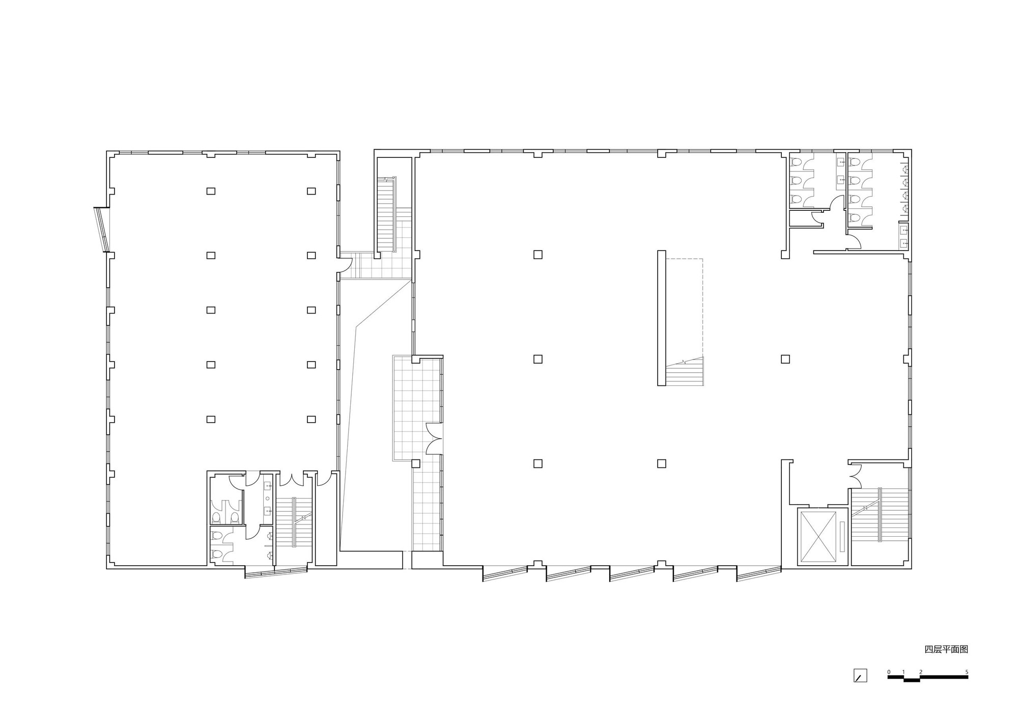 Fourth floor plan drawing with a central staircase element and an interior volume within the larger space
