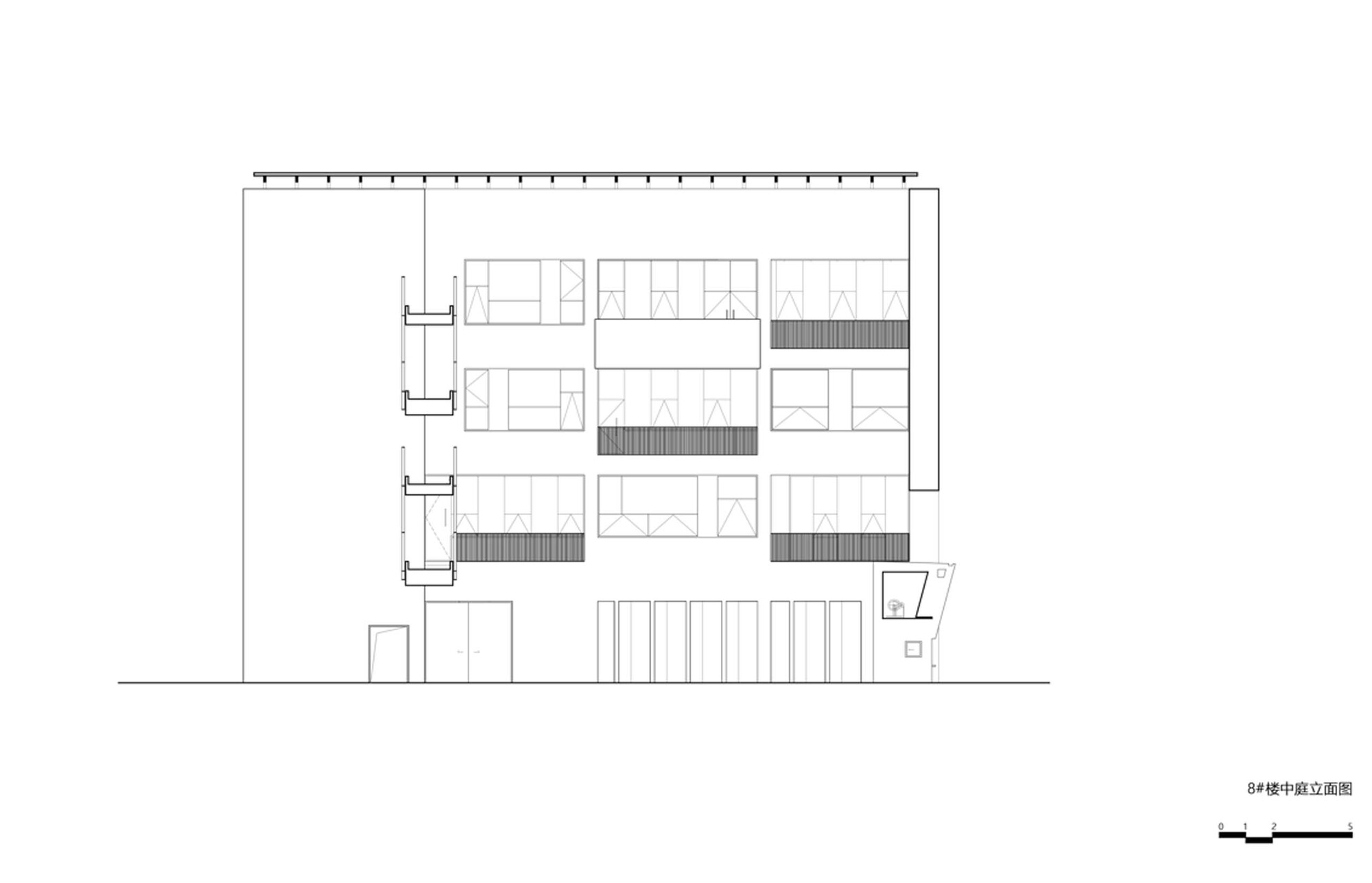 Section drawing showing the stepped terraced volumes with internal floor plates and balconies