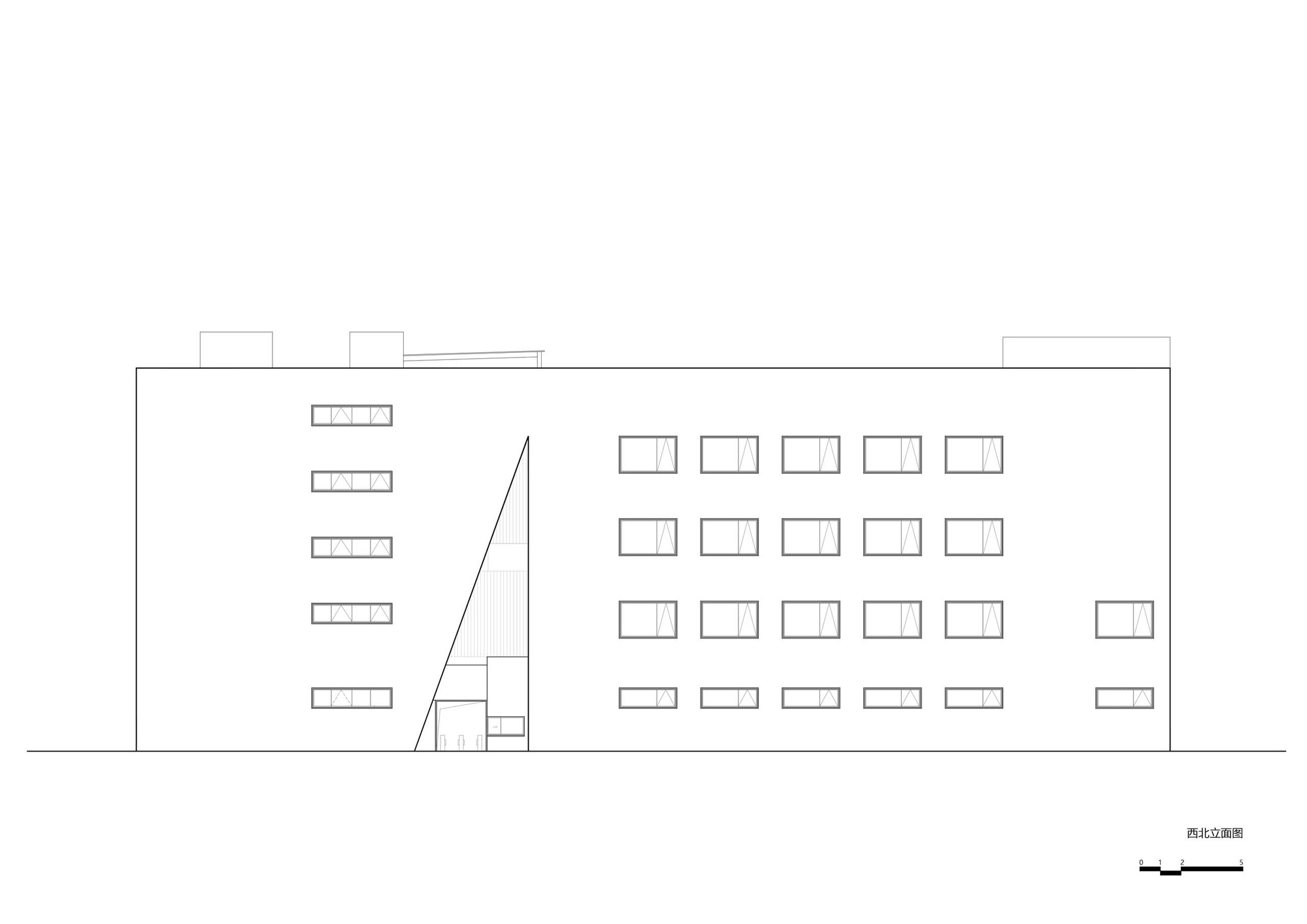 Elevation drawing showing the facade with a diagonal stair element and a grid of window openings