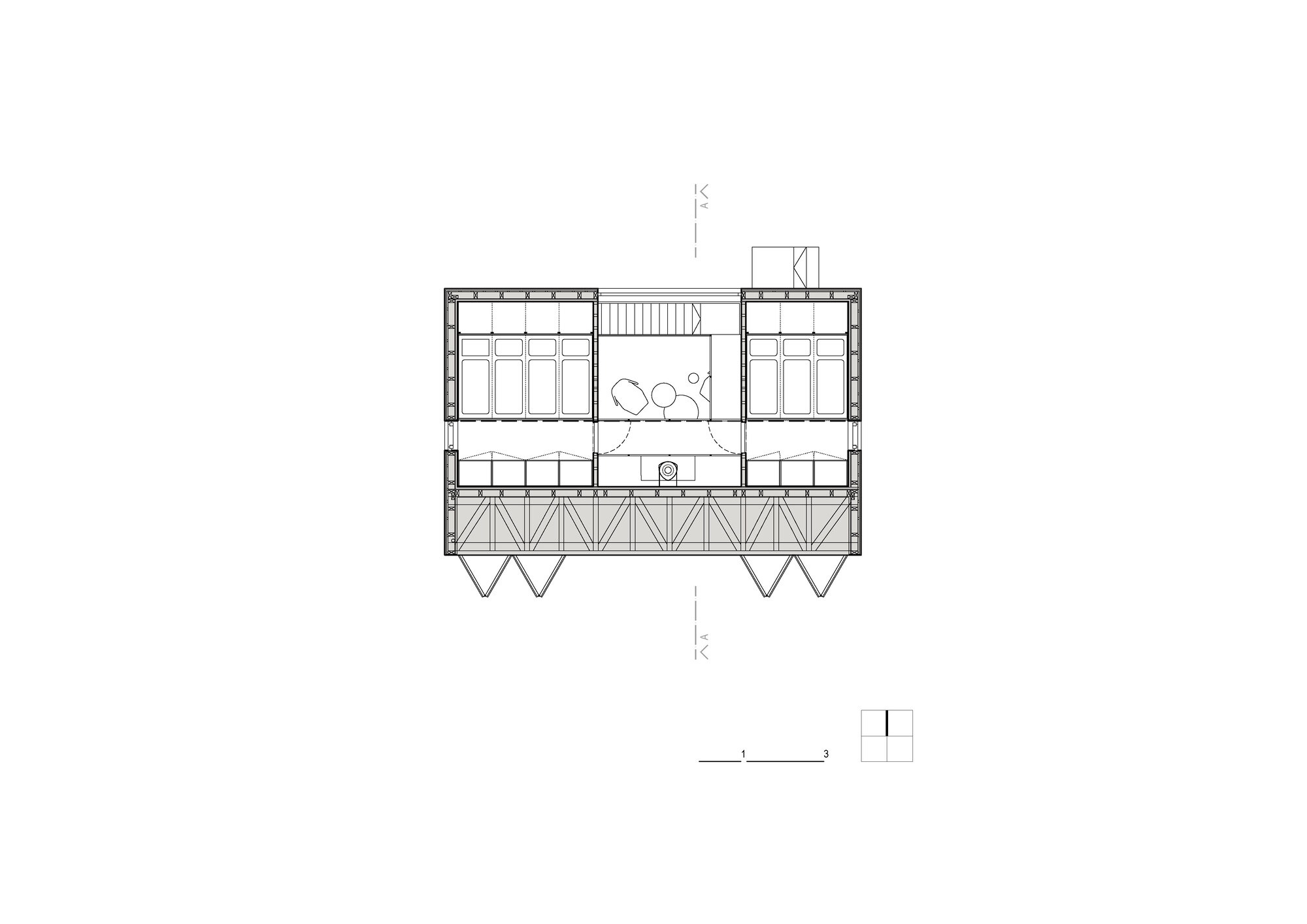 Floor plan drawing showing two flanking sleeping areas with triangular structural supports below