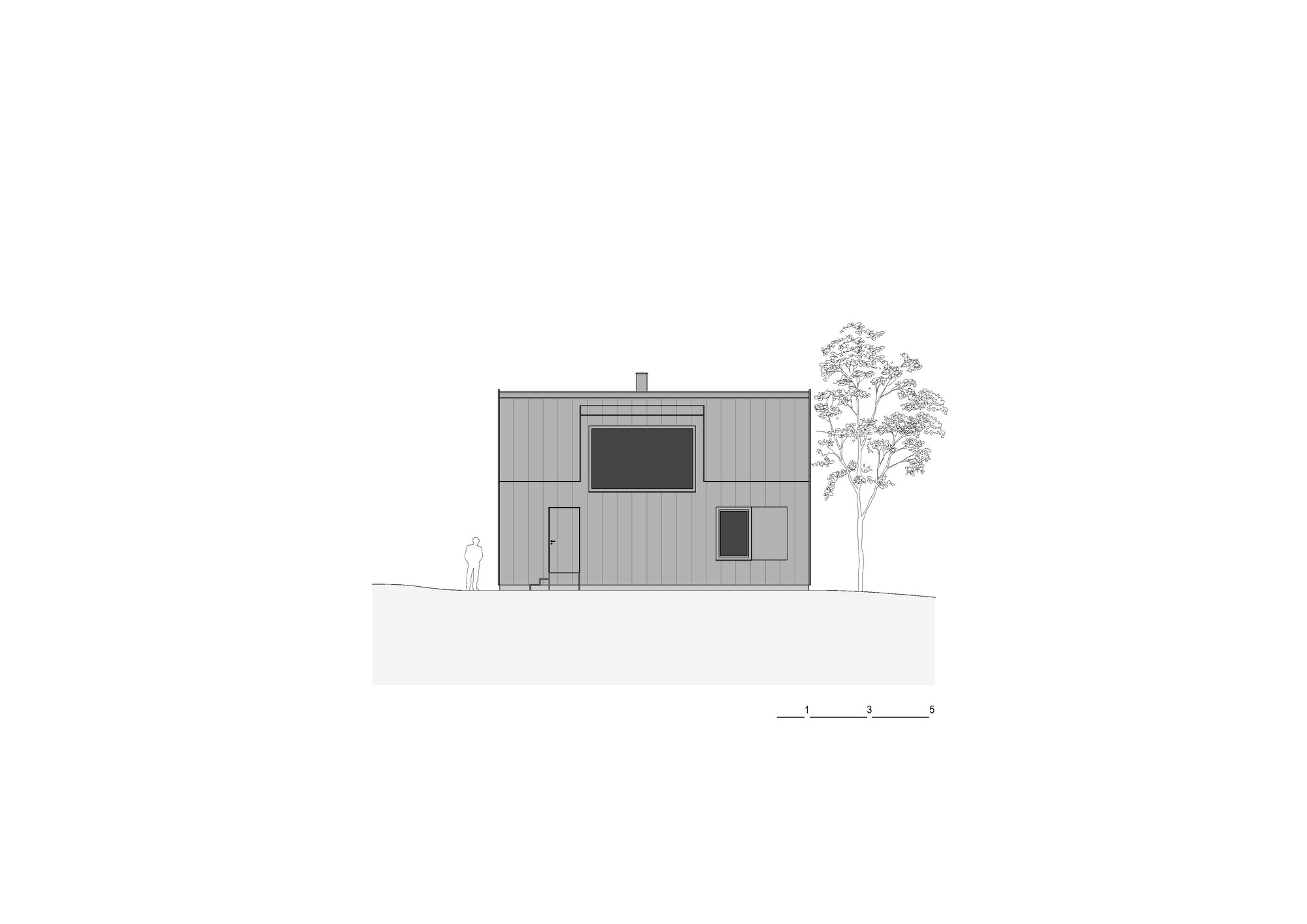 Elevation drawing of a clad facade with recessed openings and a figure for scale