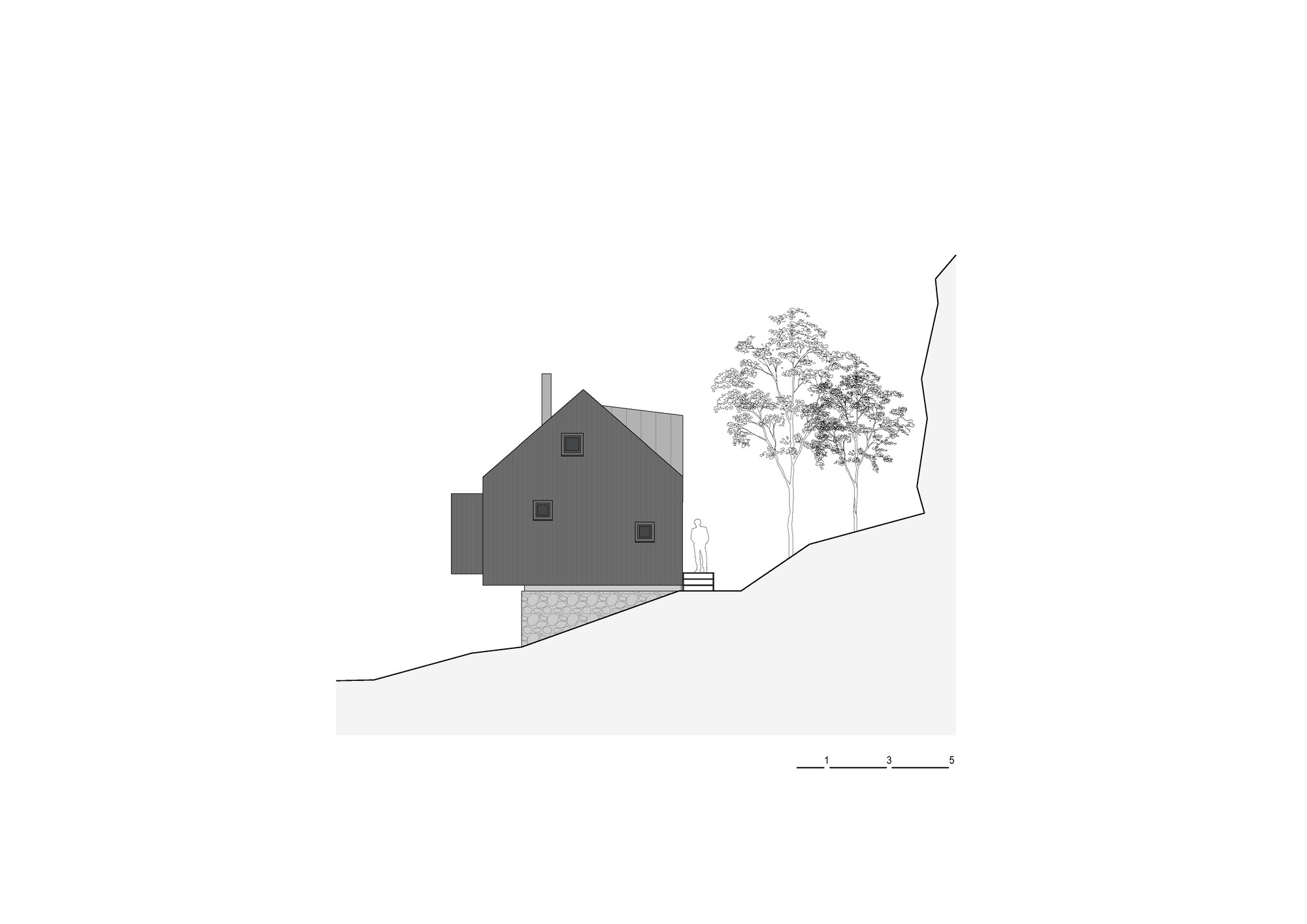Side elevation drawing showing the gabled form on a hillside with a tree