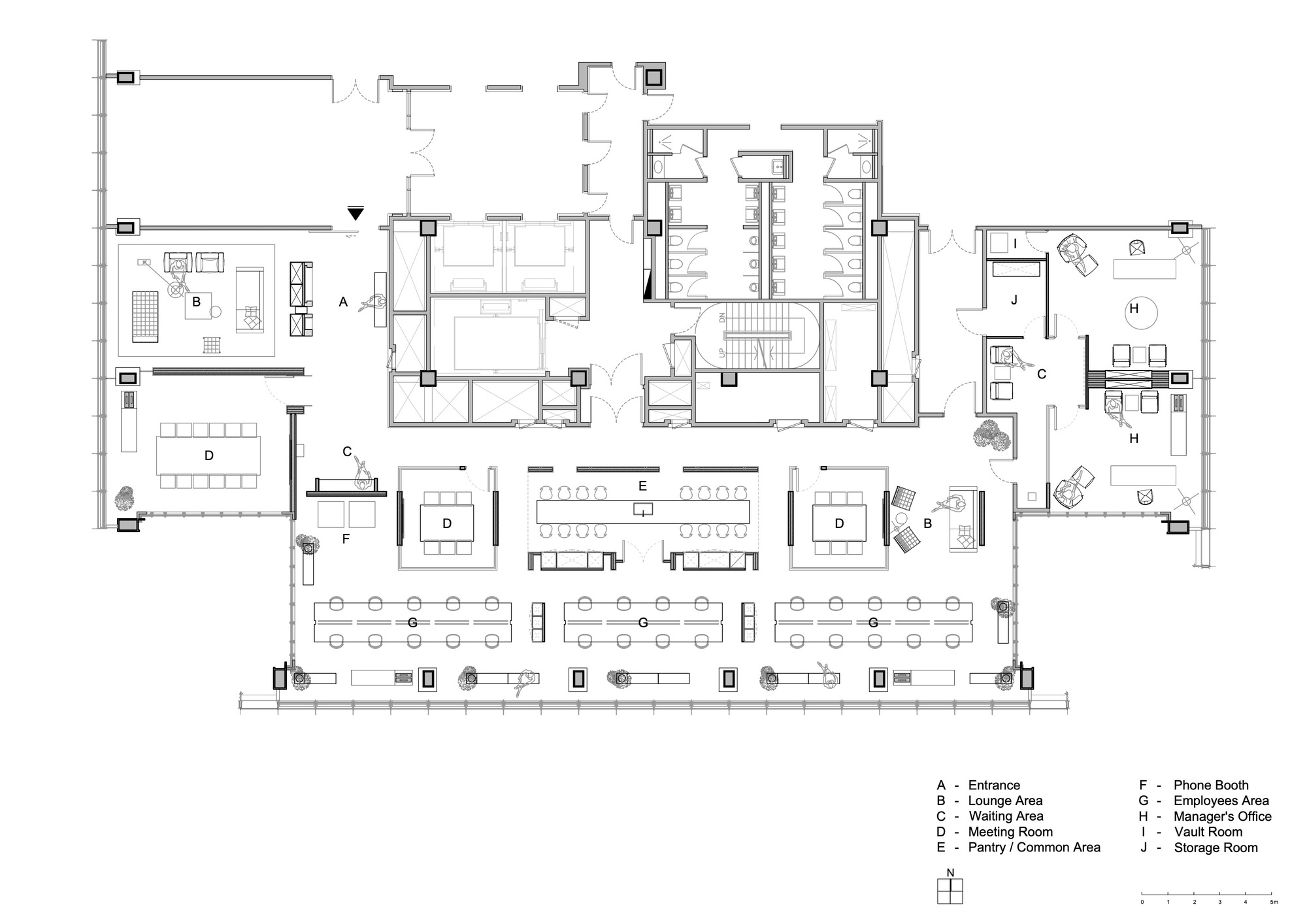 Floor plan drawing showing open office workspace with meeting rooms and support areas along the perimeter
