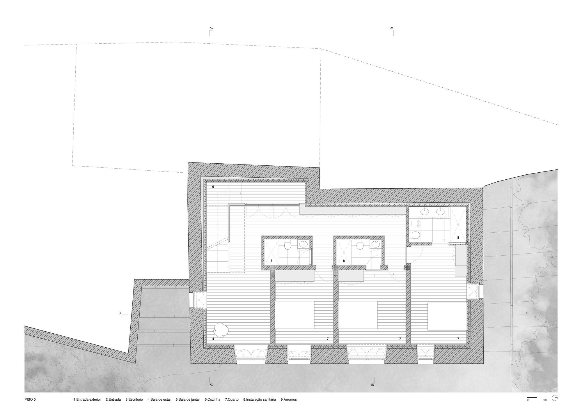 Floor plan drawing showing upper level with three bedrooms and two bathrooms