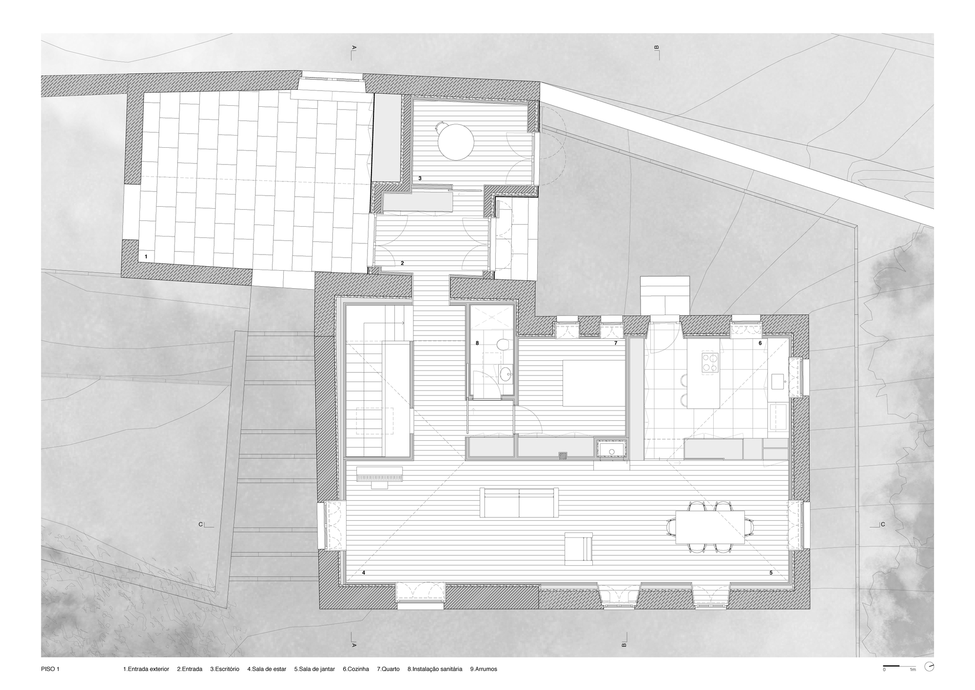 Floor plan drawing showing living and dining spaces with exterior stairs and terraces