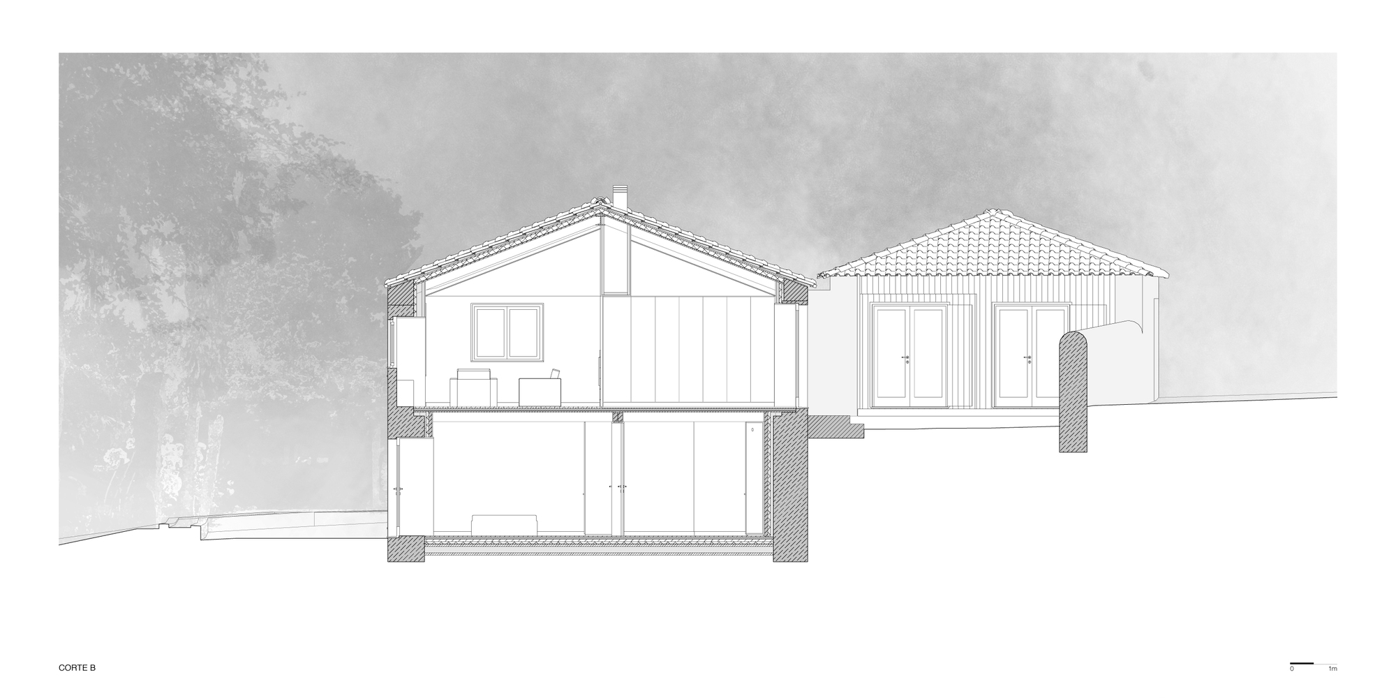 Section drawing showing two connected volumes with gabled and tiled roof profiles