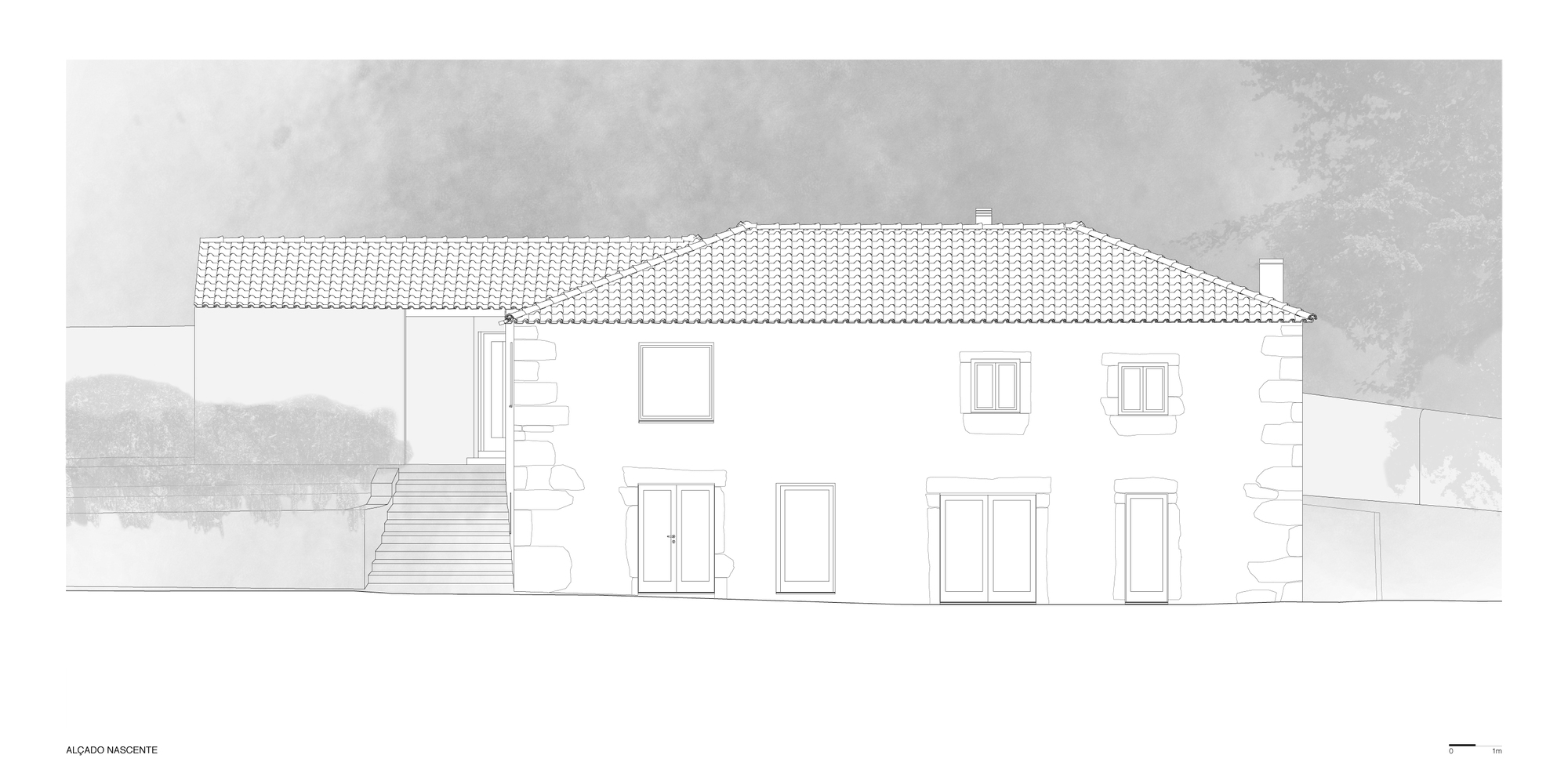 Elevation drawing showing a white-rendered house with tiled roof and staircase rising from the left side