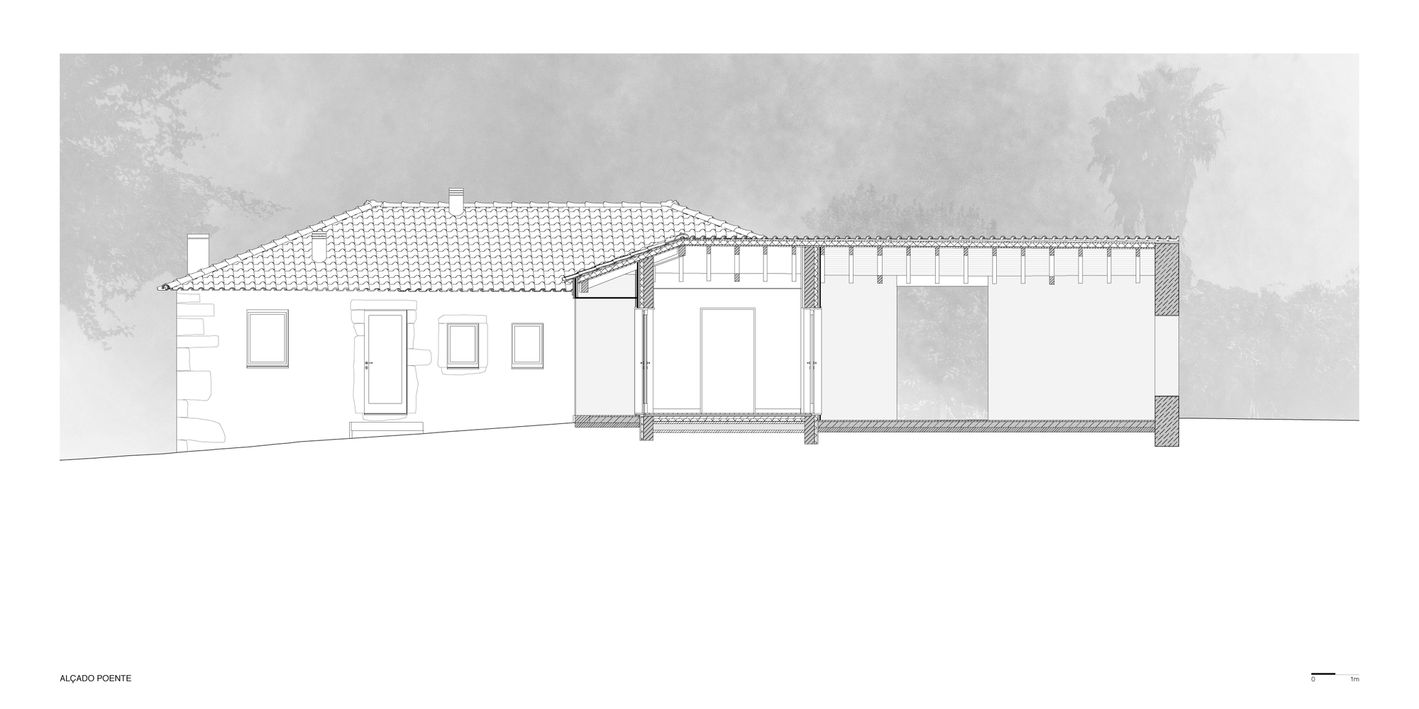 Elevation drawing showing the tiled-roof house with a covered porch connecting two wings against trees