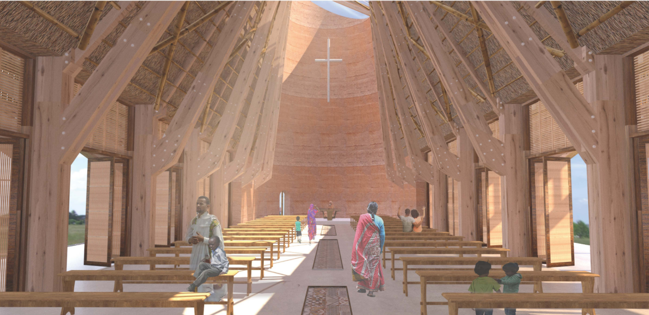 The chapel interior uses timber structure, filtered daylight, and a central altar axis to create a warm spiritual atmosphere.