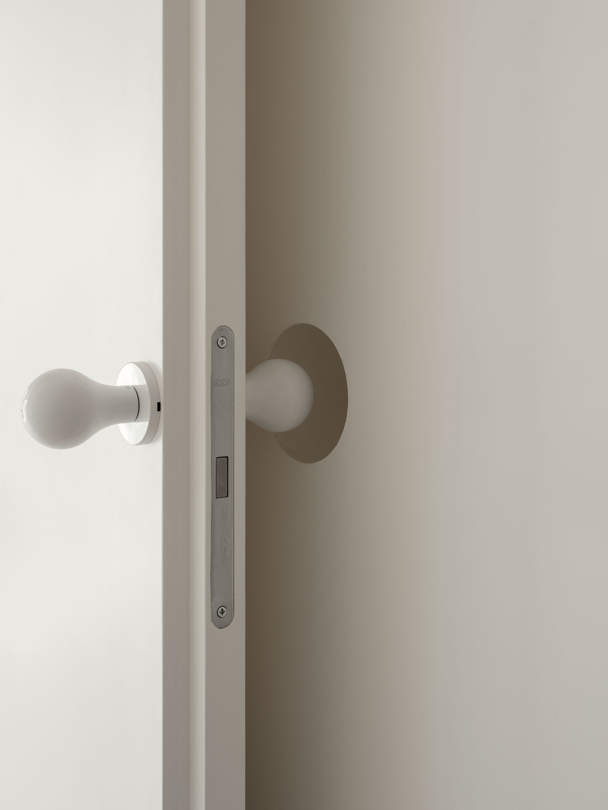 Detail of white spherical door handle with brushed metal backplate and mortise lock