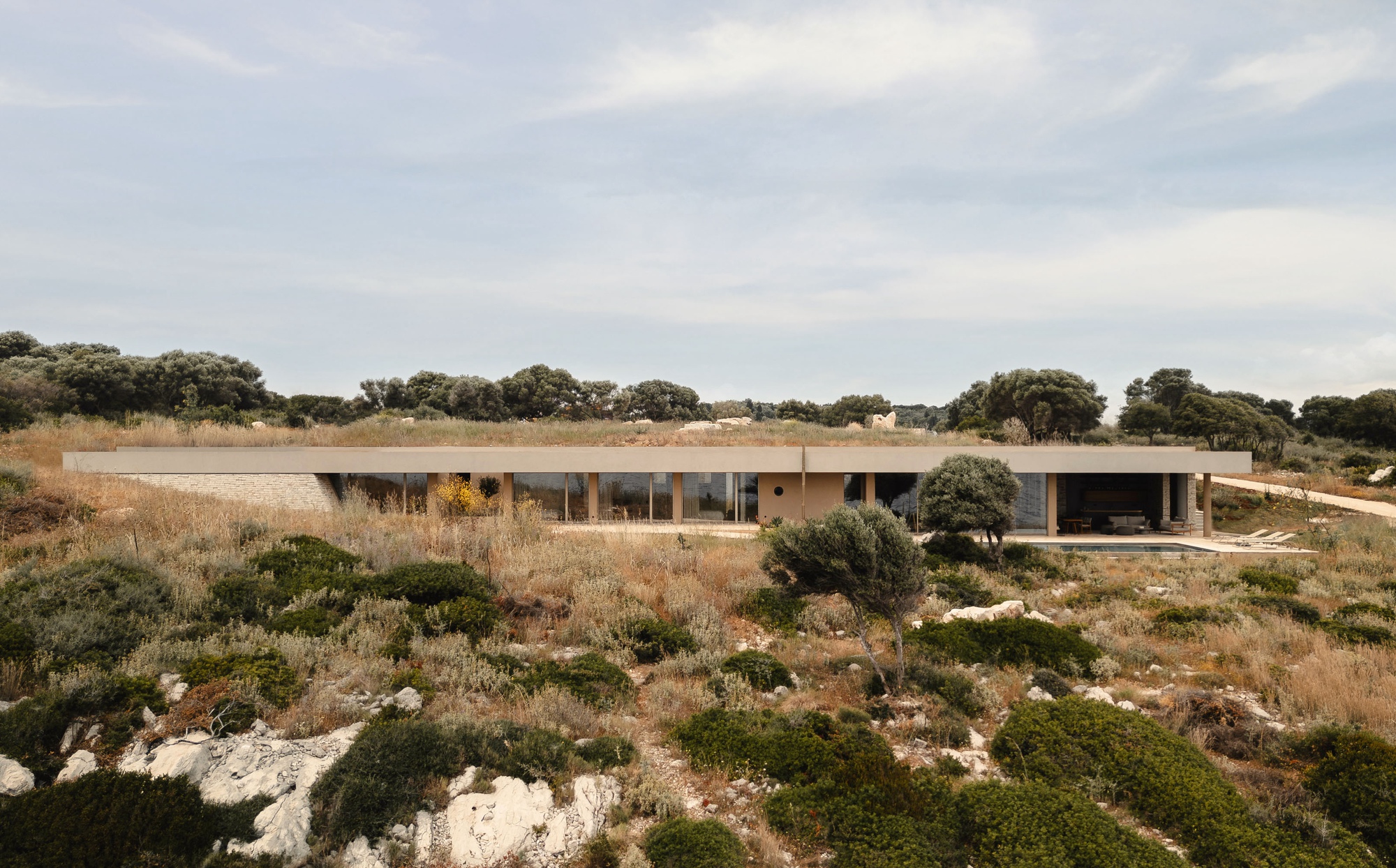 Long horizontal volume with flat roof set into scrubland with scattered olive trees under an overcast sky