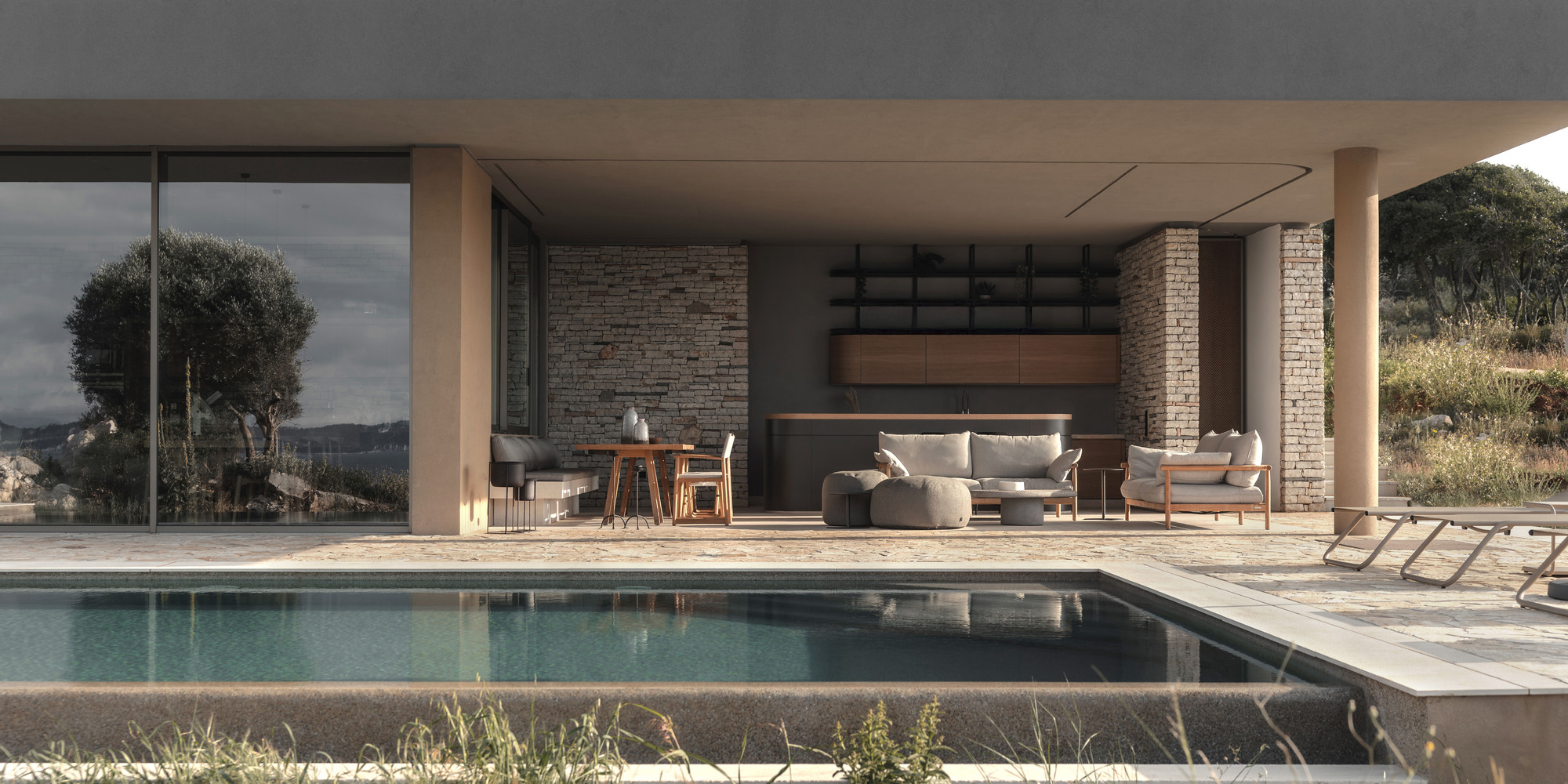 Poolside terrace with cylindrical columns, brick cladding, and wood slat panels under an overcast sky