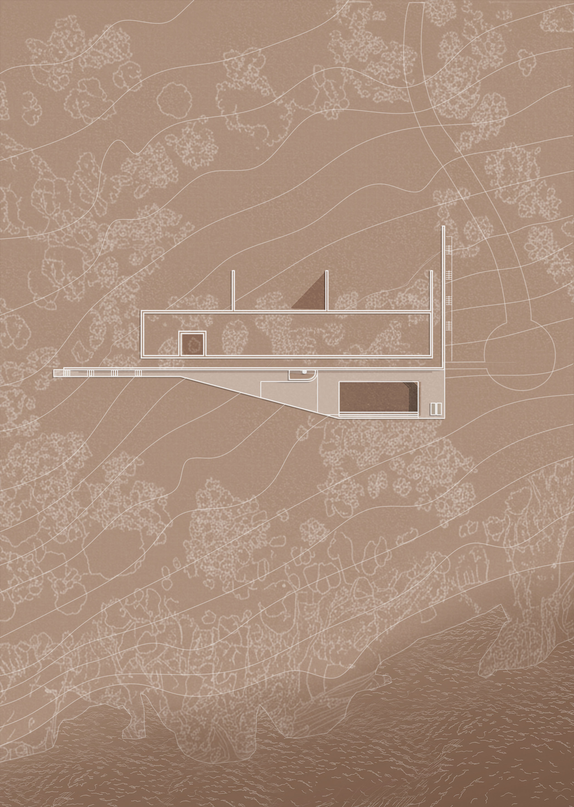 Site plan drawing showing a linear structure embedded in contoured terrain with surrounding vegetation