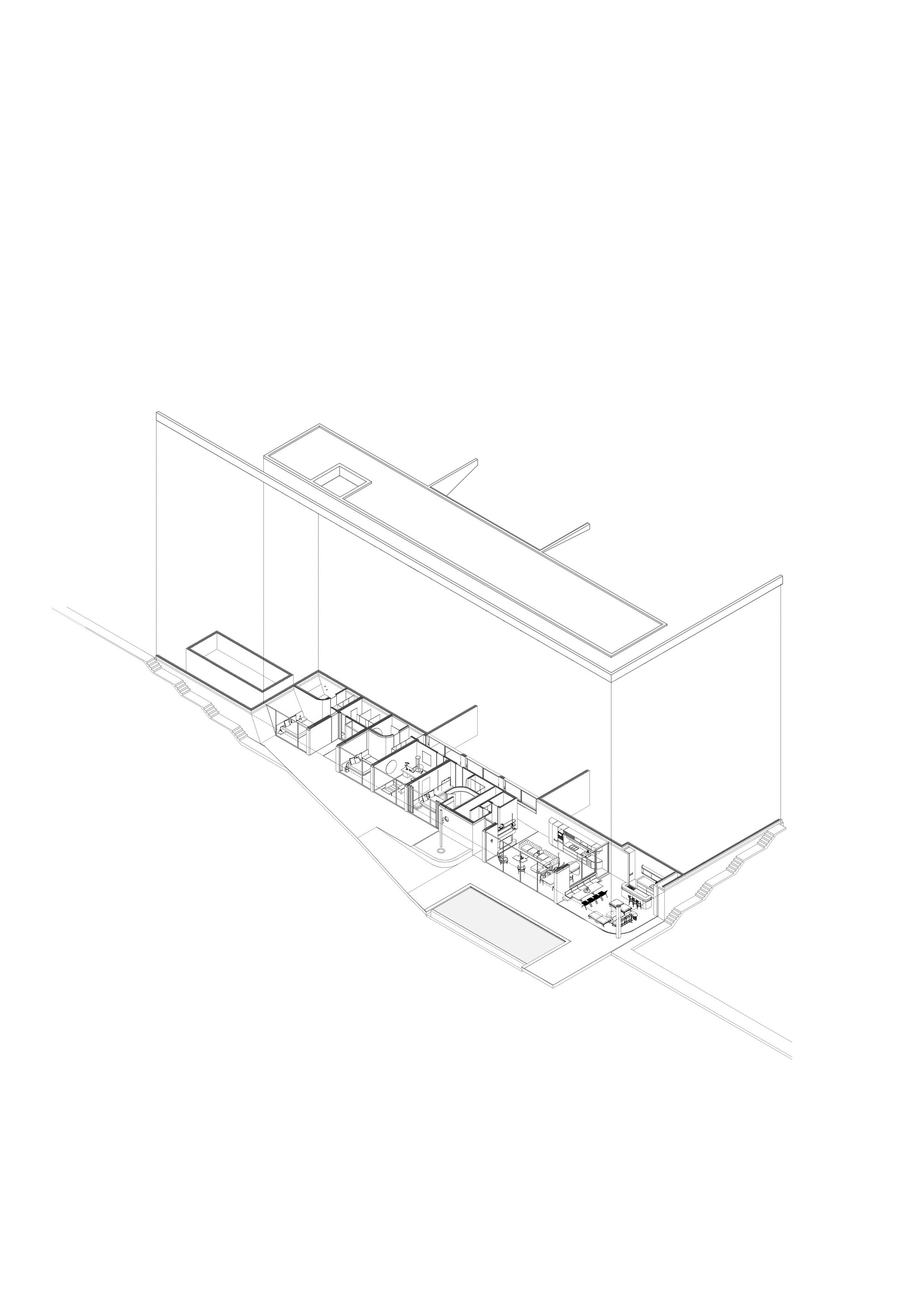 Axonometric drawing showing interior spatial arrangement beneath a sloping roof with skylights