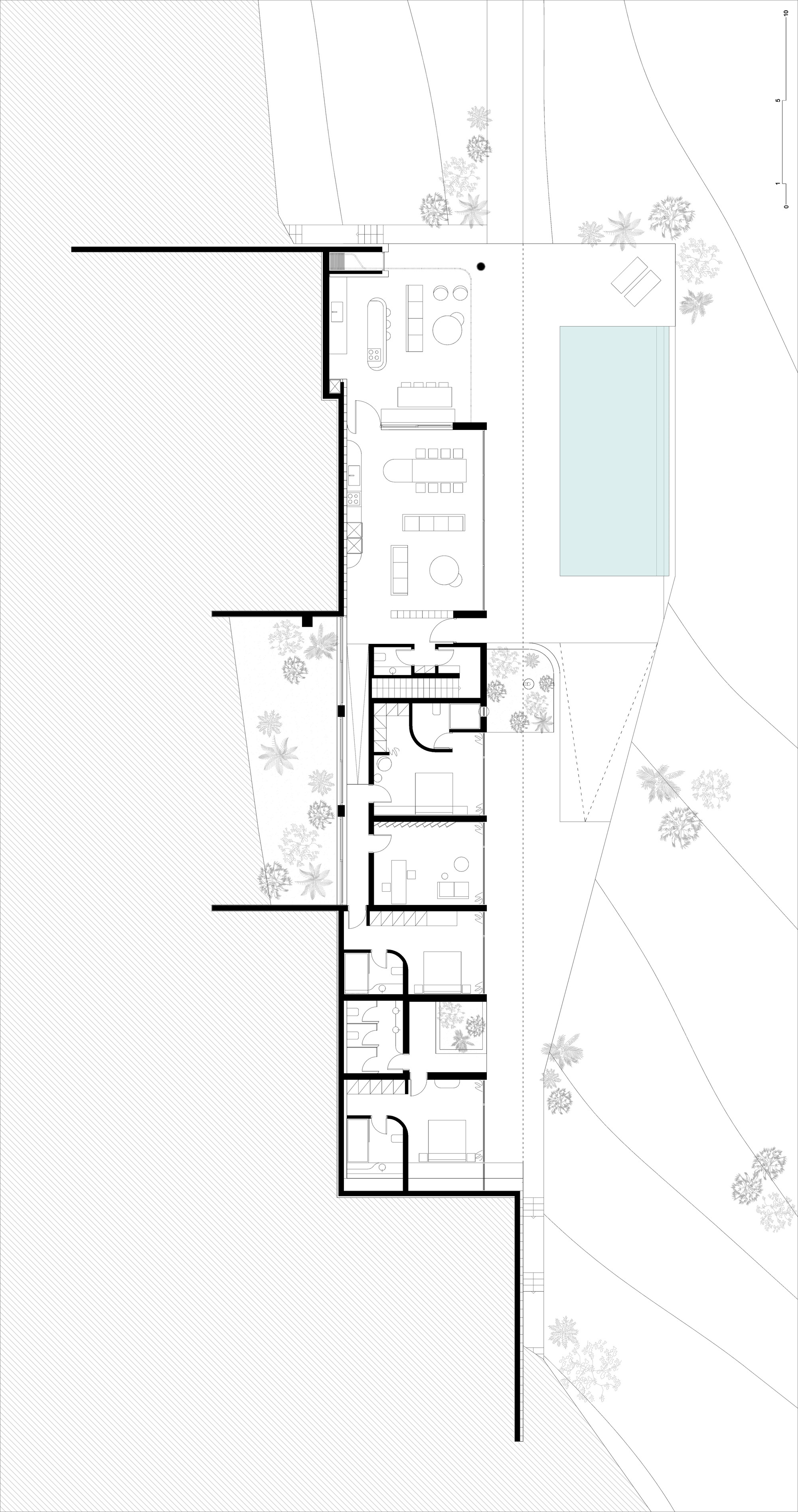 Floor plan drawing showing rooms arranged around a swimming pool with adjacent trees and landscaping