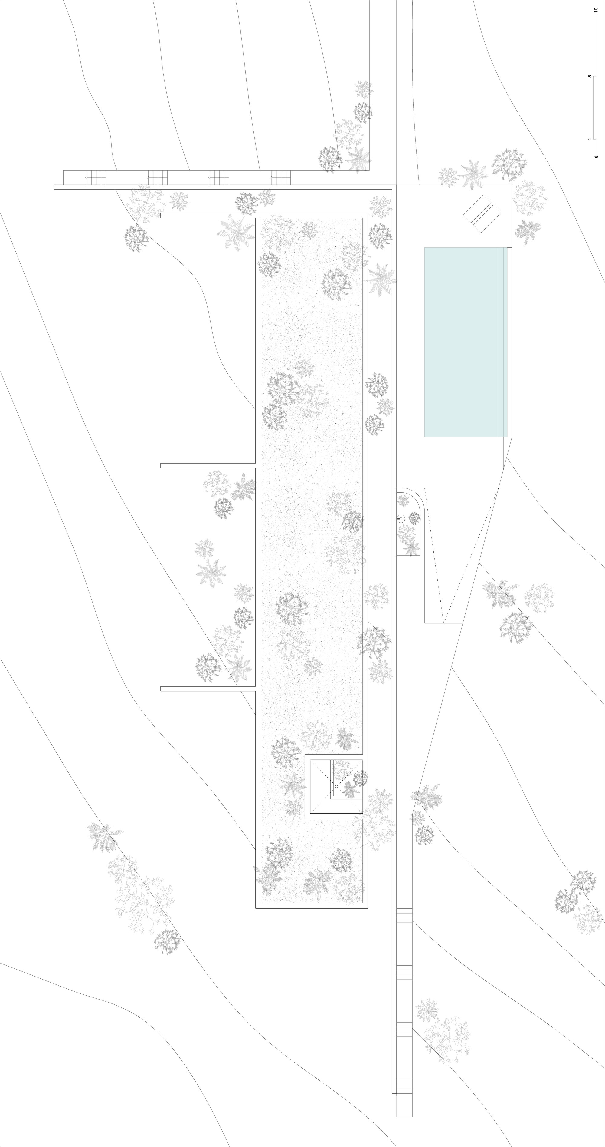 Site plan drawing showing a linear building with swimming pool surrounded by trees and topographic contours
