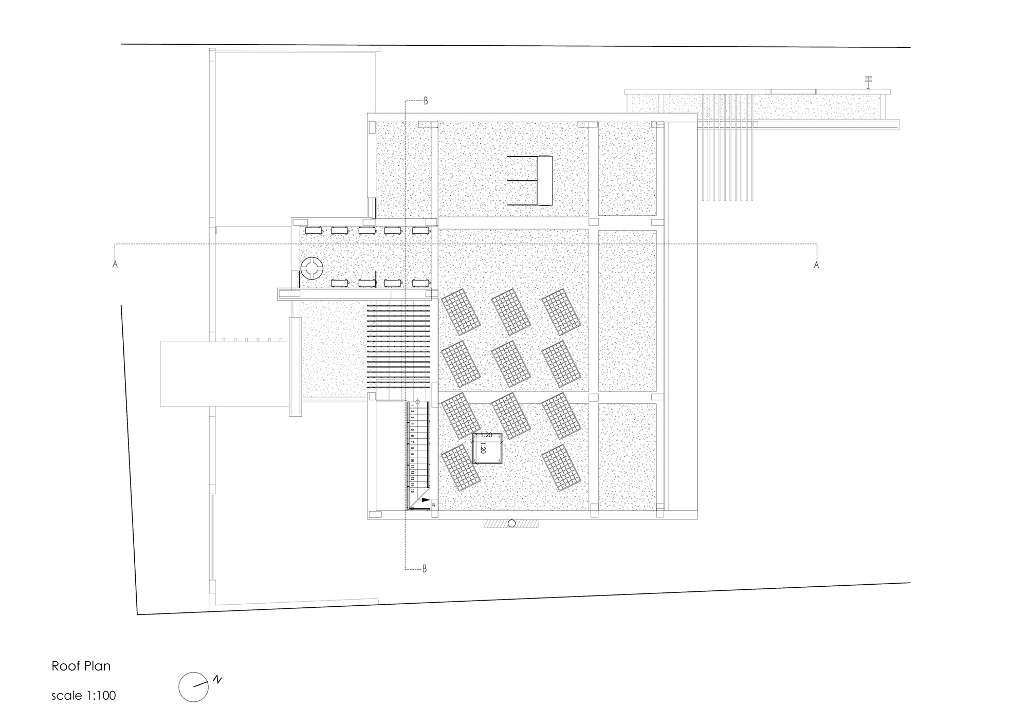 Roof plan drawing showing rooftop terrace with loungers and perimeter screening