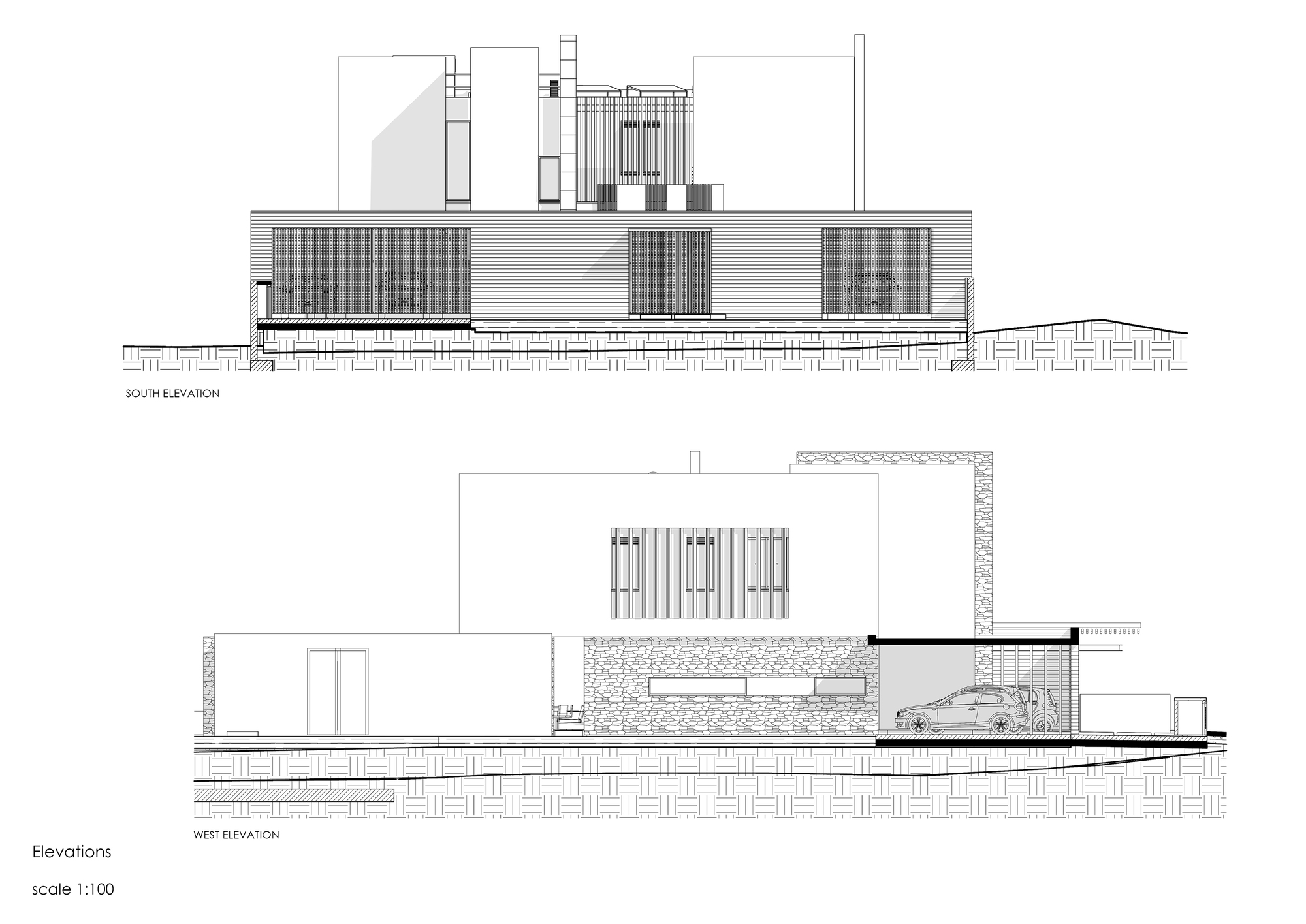 South and west elevation drawings showing perforated screens and recessed garage with car