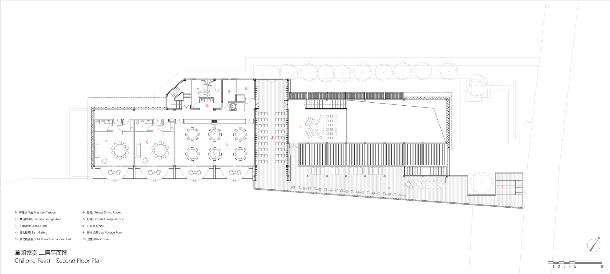 Second floor plan drawing showing dining rooms on the left and a large hall with timber roof on the right