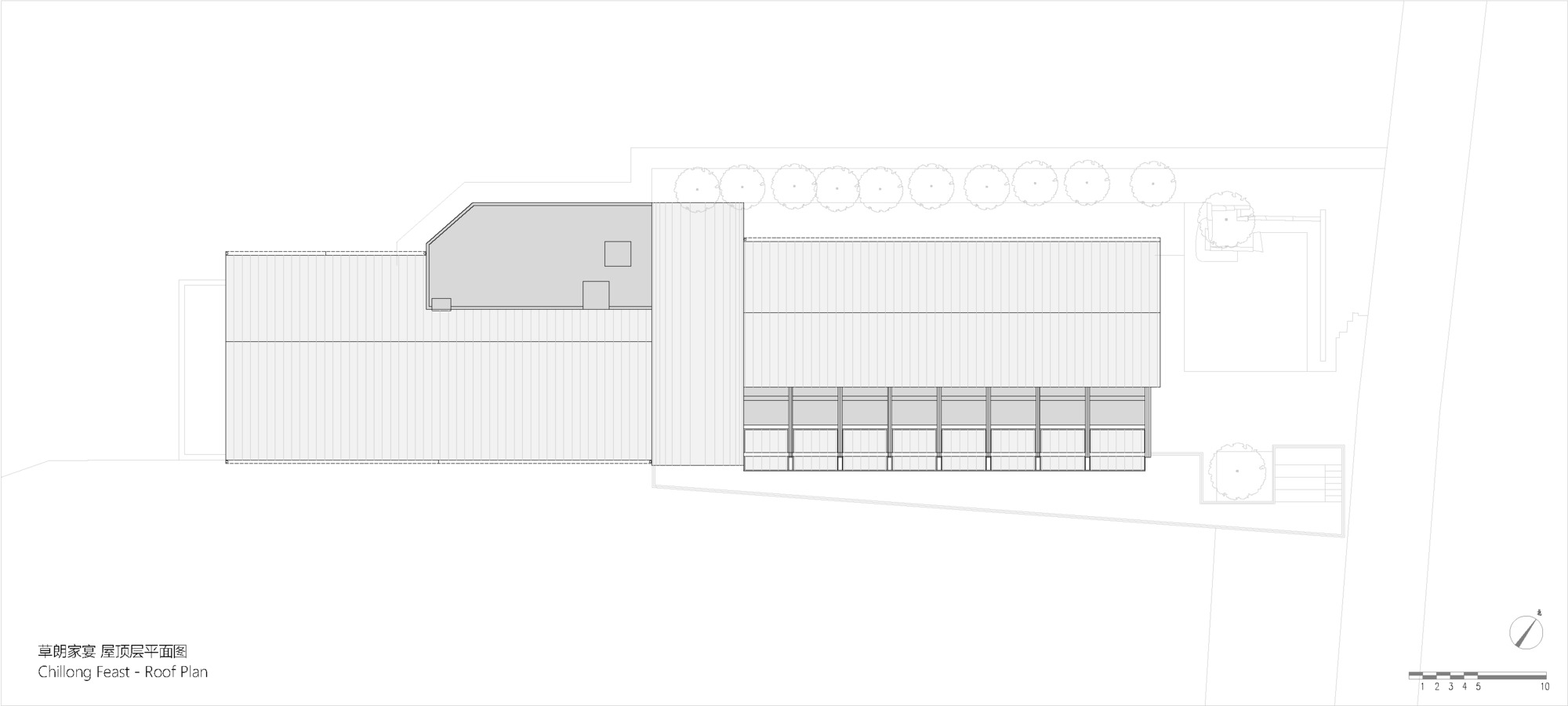 Roof plan drawing showing the corrugated metal roofing and a curved volume with flat roof on the left