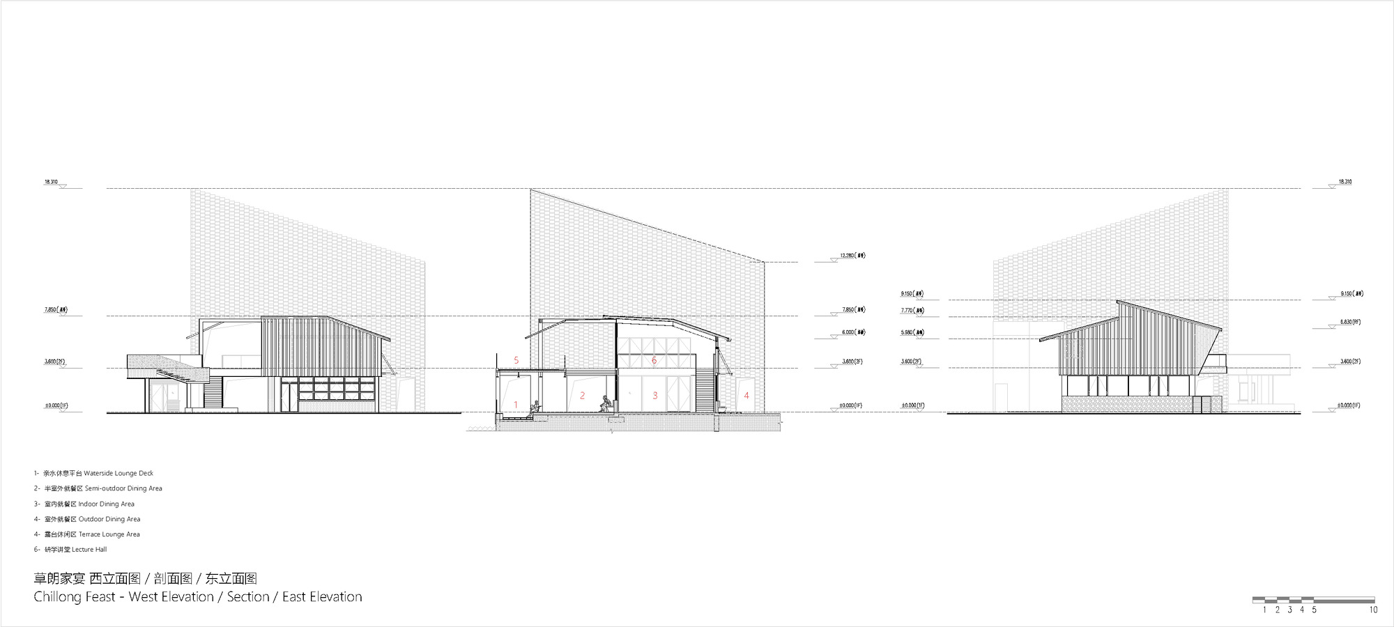 Section and elevation drawings showing the barrel vault interior, curved roof profiles, and timber structure details