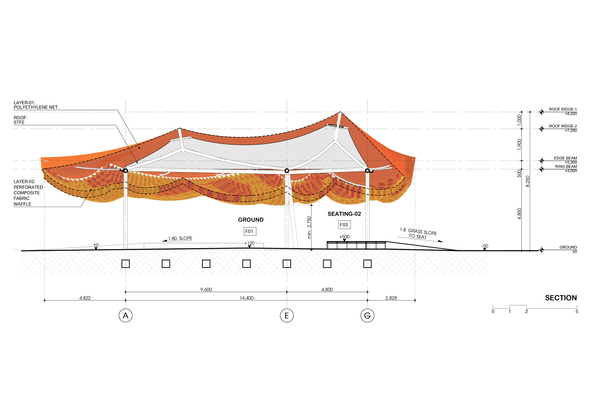 Section drawing showing the layered canopy structure, supporting columns, and seating area below