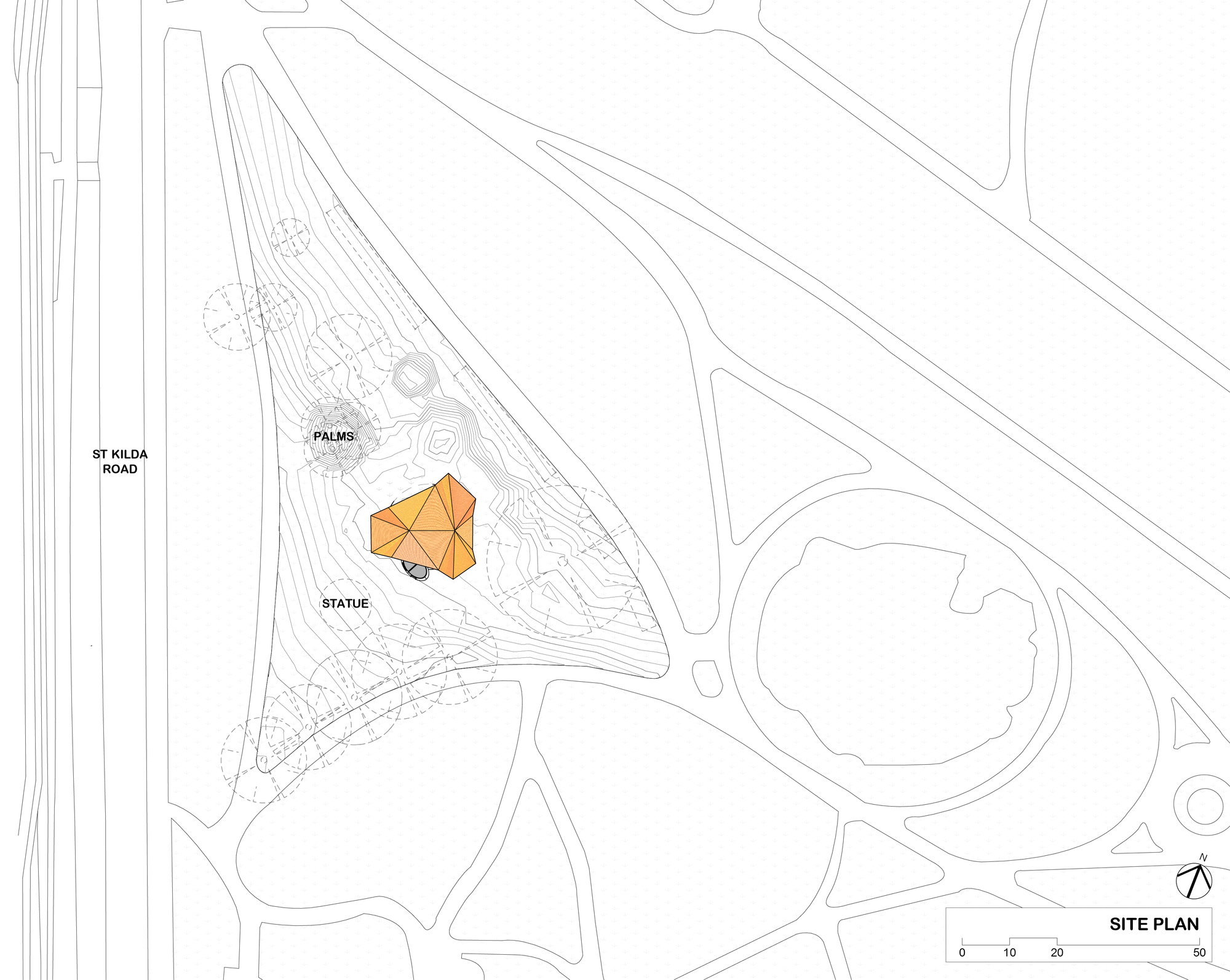 Site plan drawing showing the pavilion location within a triangular park with topographic lines and trees