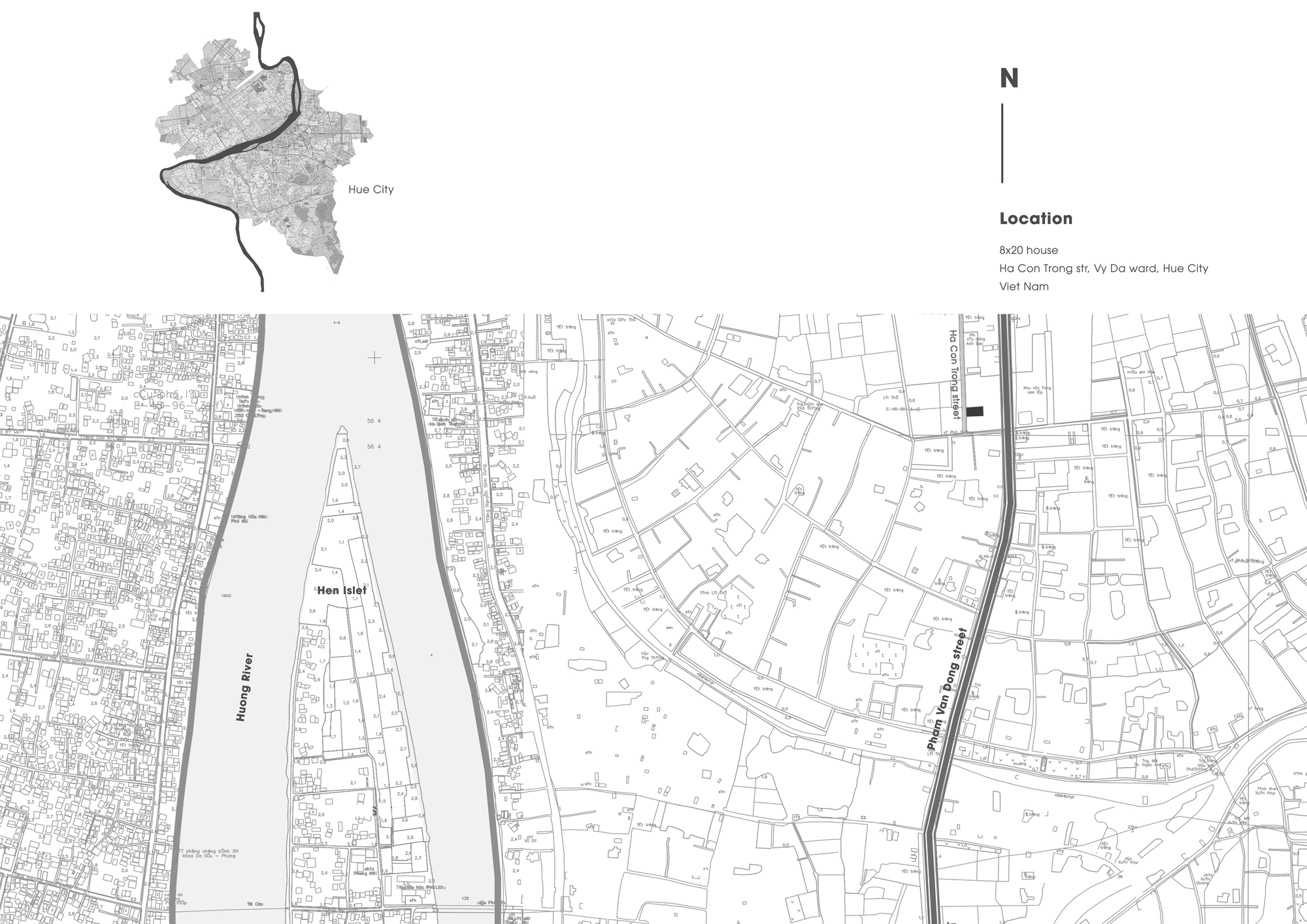 Site plan drawing showing a curved plot adjacent to a river with surrounding urban fabric