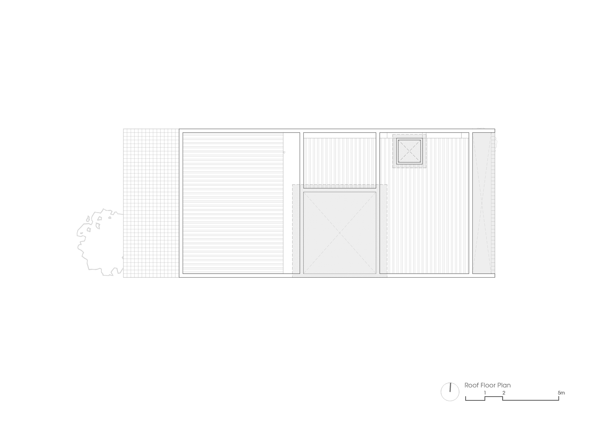Roof plan drawing showing decking zones, vertical slat panels, skylight, and perimeter tree