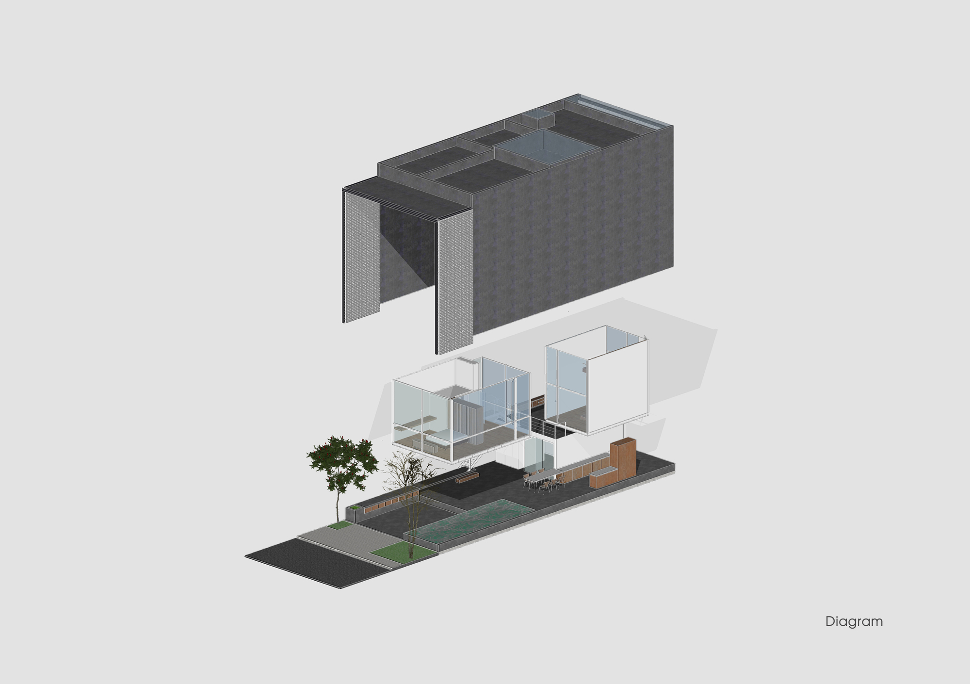 Exploded axonometric diagram with brick shell floating above transparent interior volumes and landscaped site