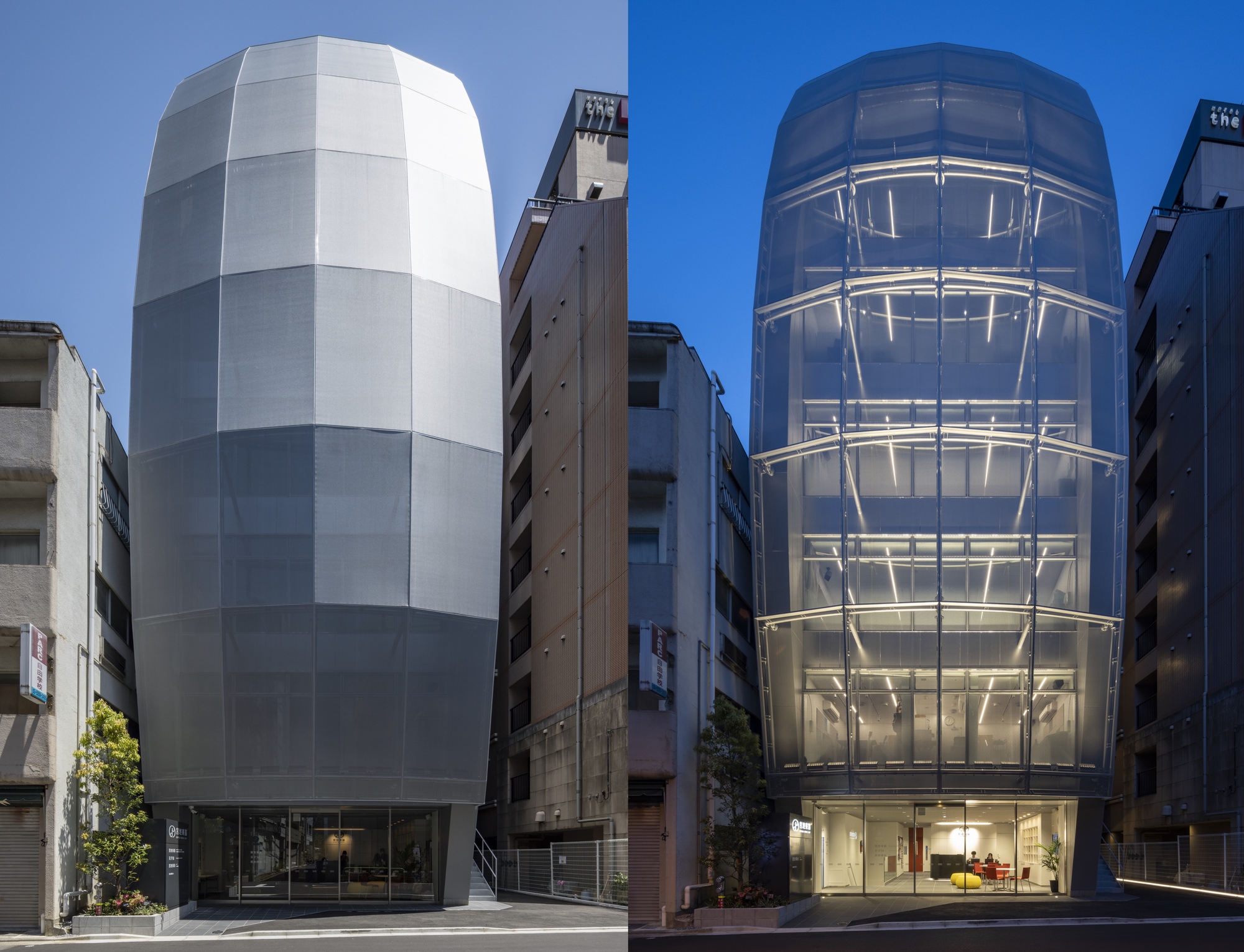Street view comparing two cylindrical facades, one with frosted paneling and one with transparent glass