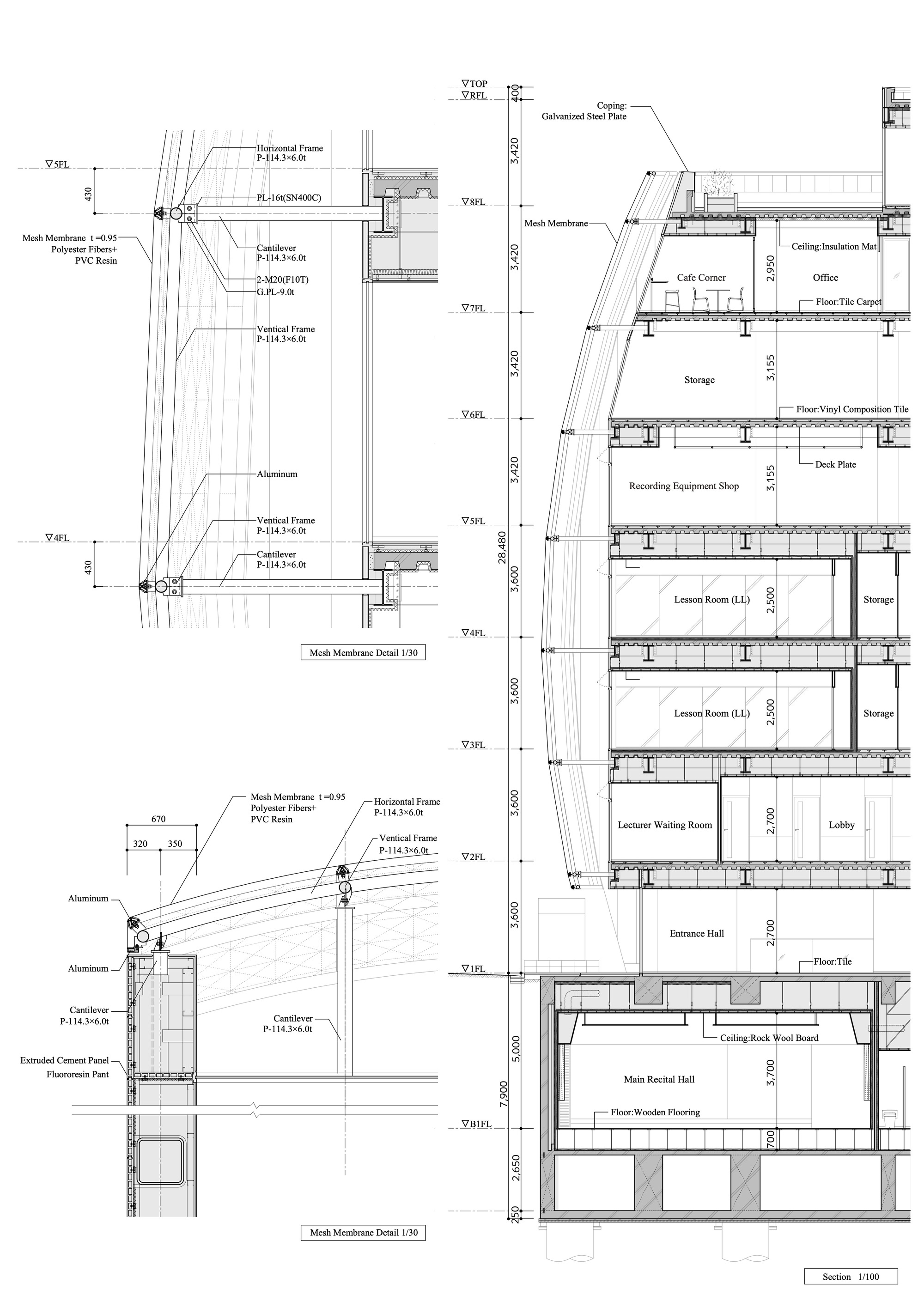 Section drawing showing vertical floor levels, facade details, and structural connections with English annotations