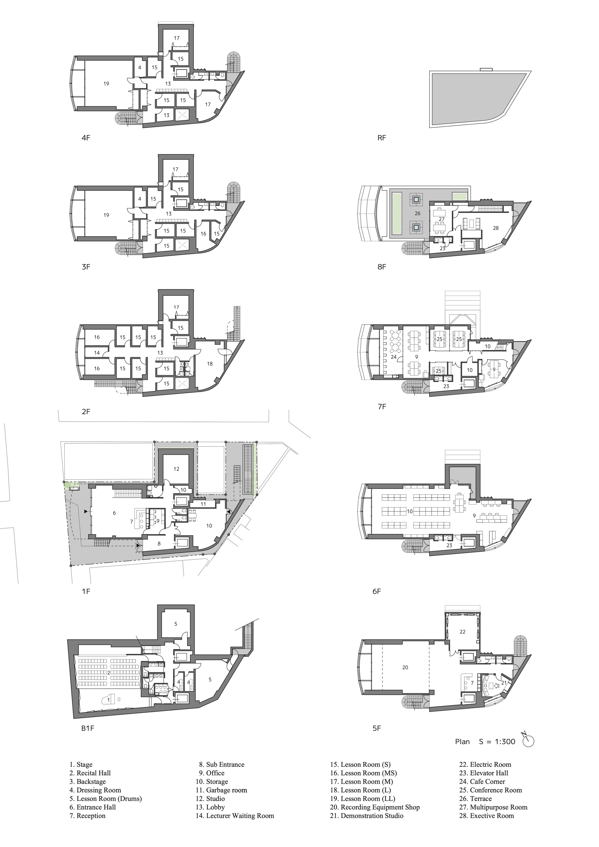 Multi-level floor plan set showing the triangular-shaped building with rooms arranged along a central corridor