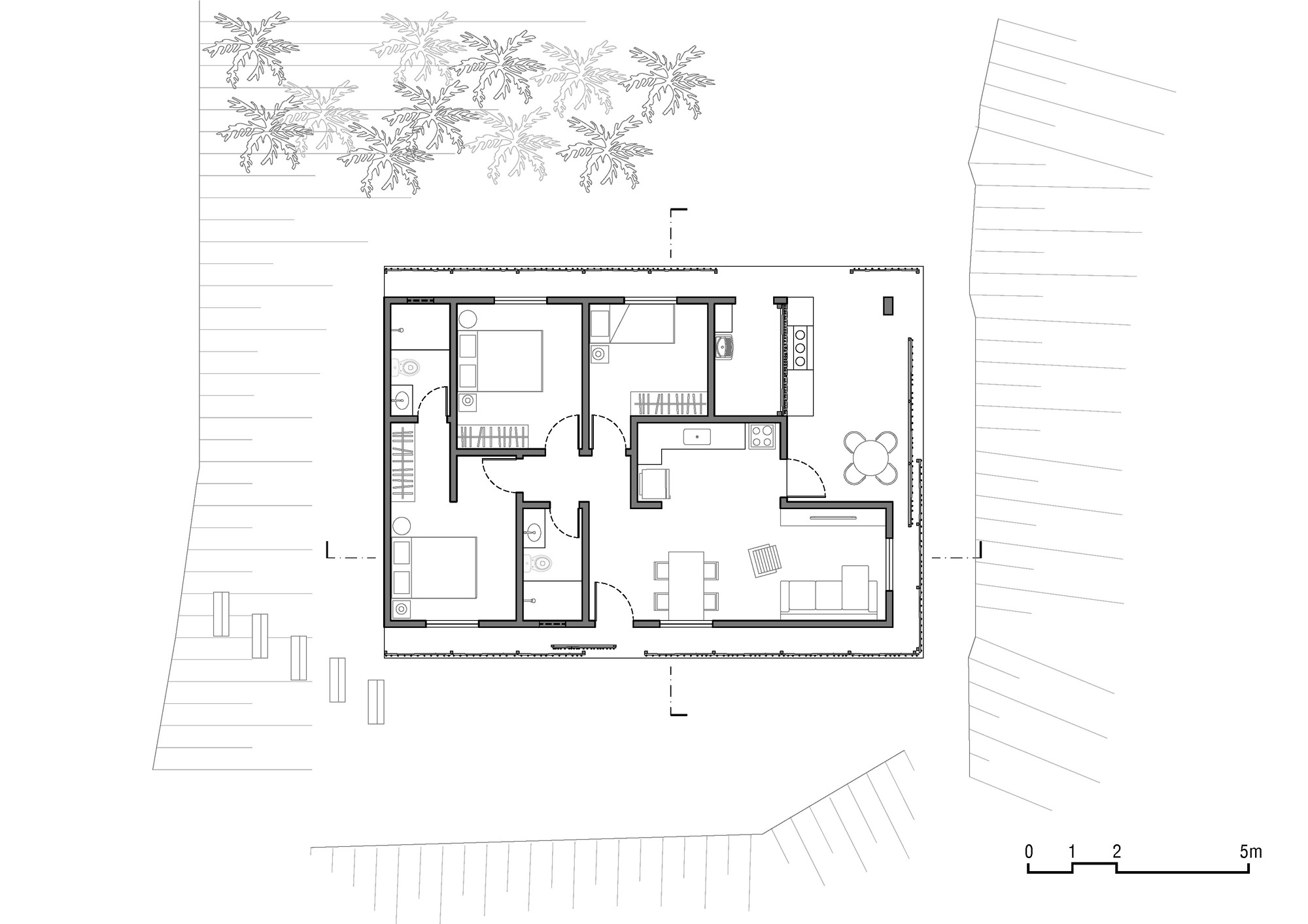 Floor plan drawing showing rectangular dwelling with bedrooms, kitchen, and dining adjacent to palm trees