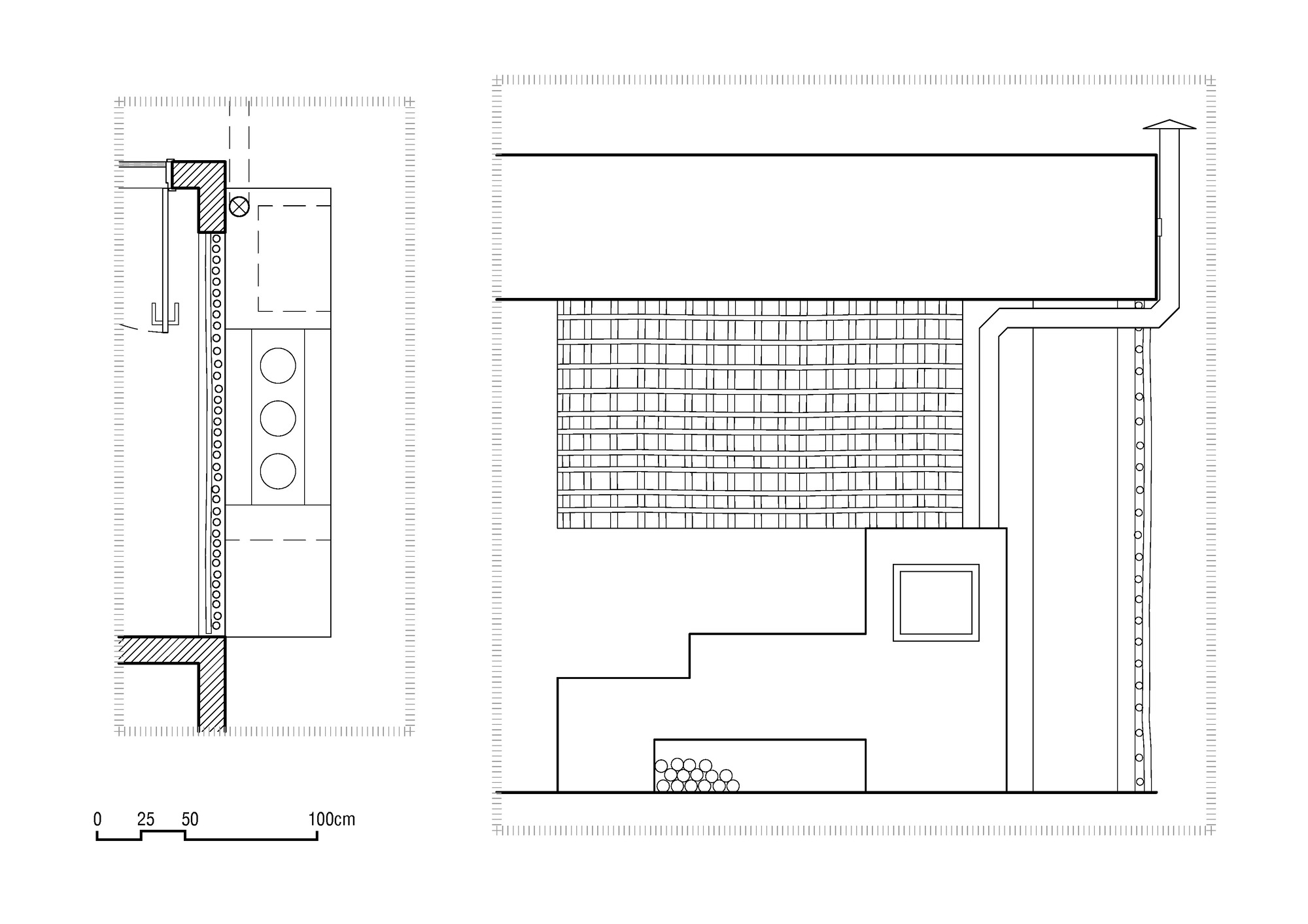 Plan and detail drawing of kitchen layout with gridded tiled surface and adjacent storage